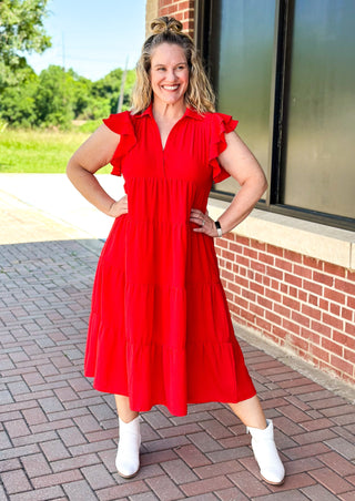 red tiered midi dress with double ruffle sleeve - collar and v-neck