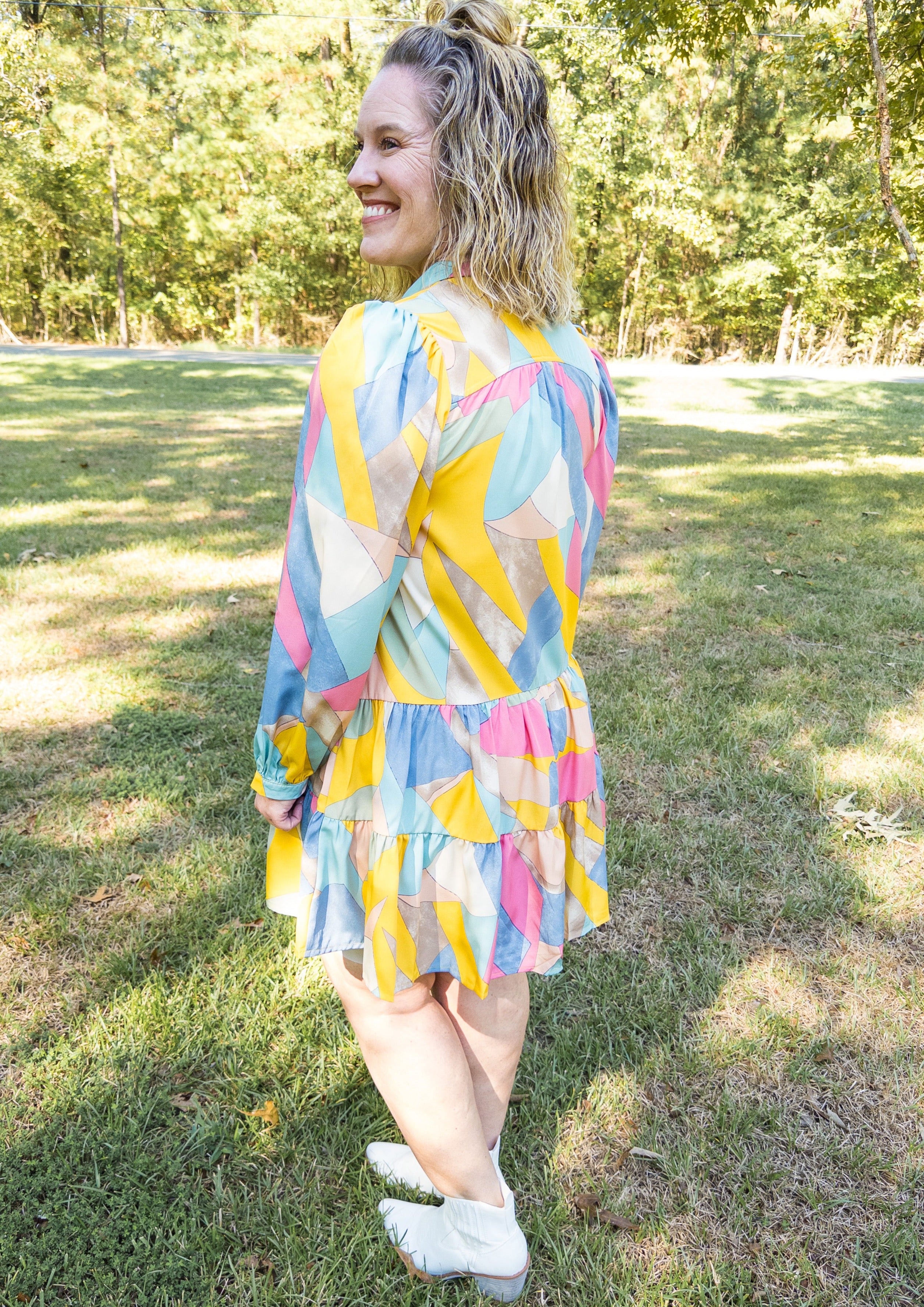Multicolor Collared Geometric Long Sleeve Dress