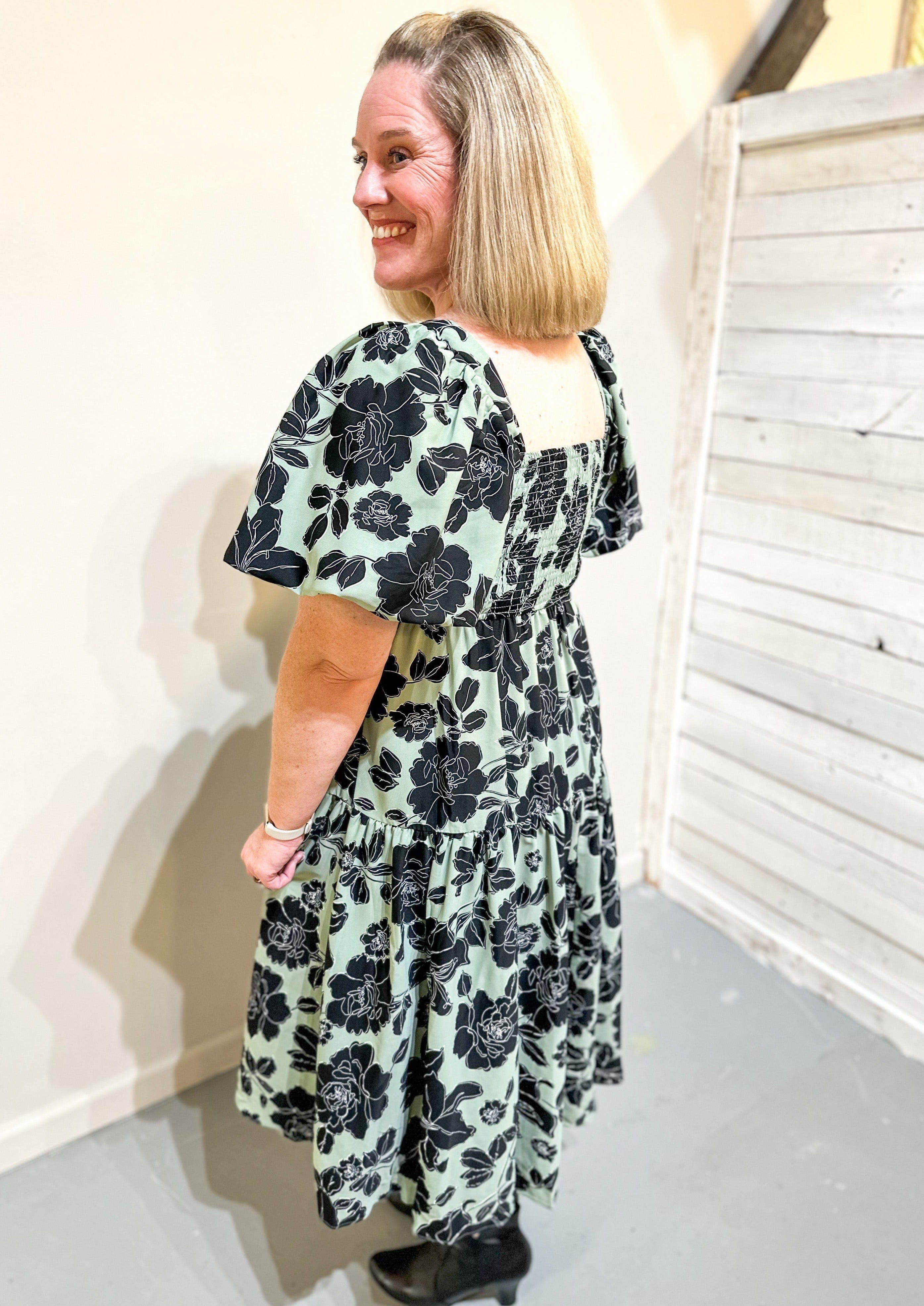 Sage & Black Floral Midi Dress