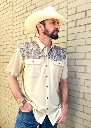 beige button up shirt with collar - front chest pockets - camo design on upper body, shoulders and upper body on the back