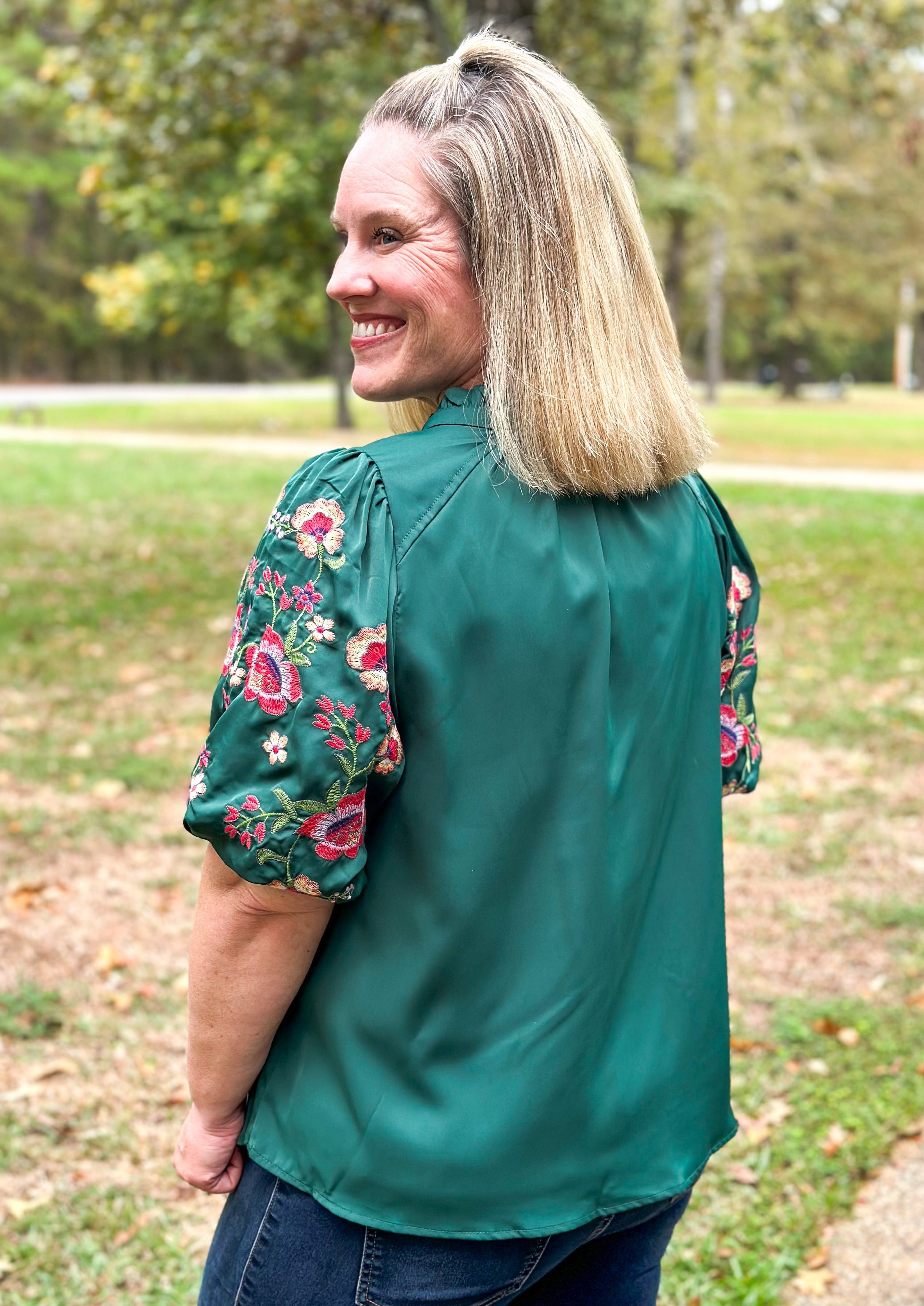 Embroidered Sleeve Top - Hunter Green