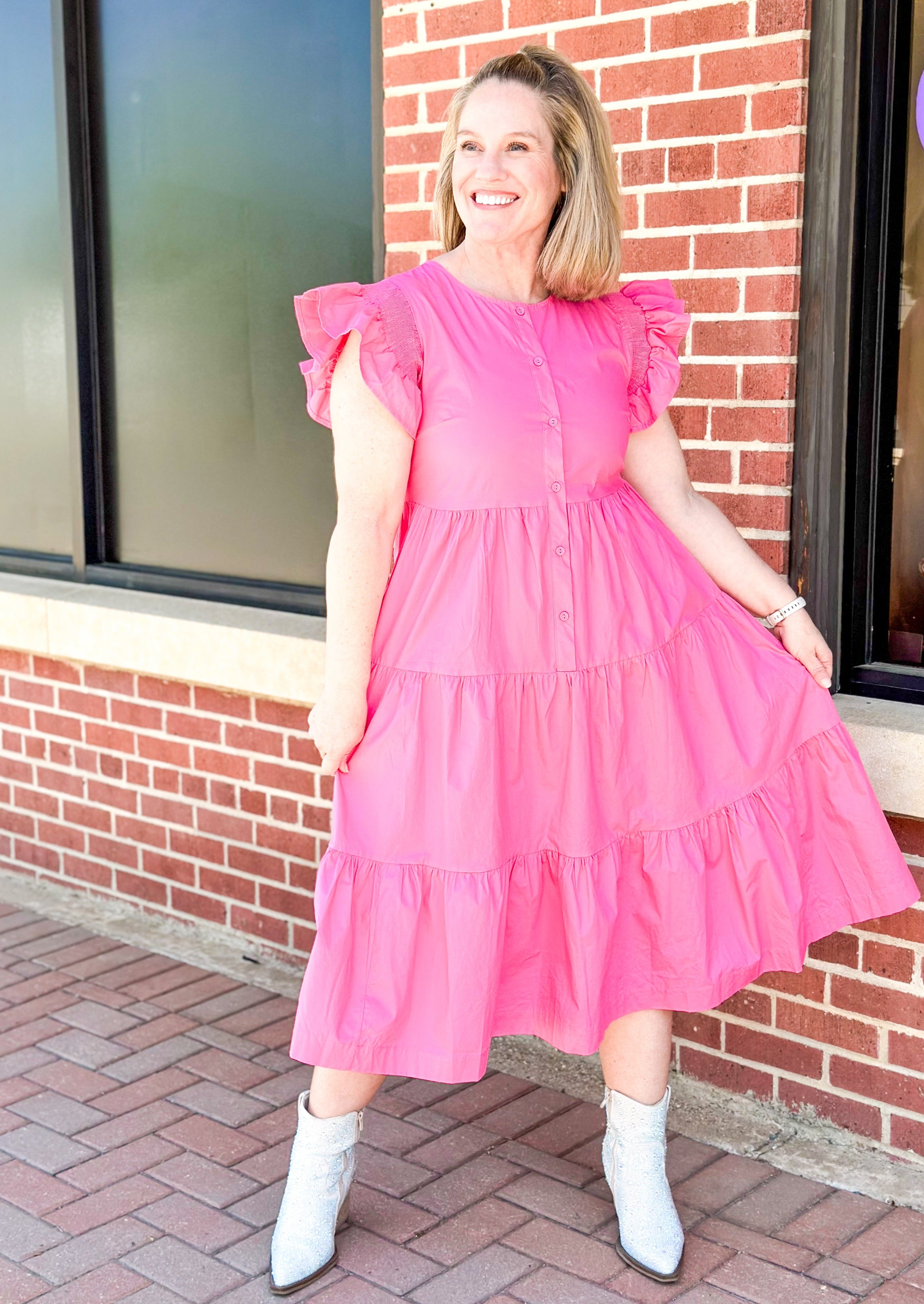 Pink tiered midi dress -  ruffle sleeve - buttons down the front half way - pockets