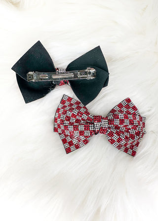 red and silver sparkly hair bow  in a square checkerboard pattern