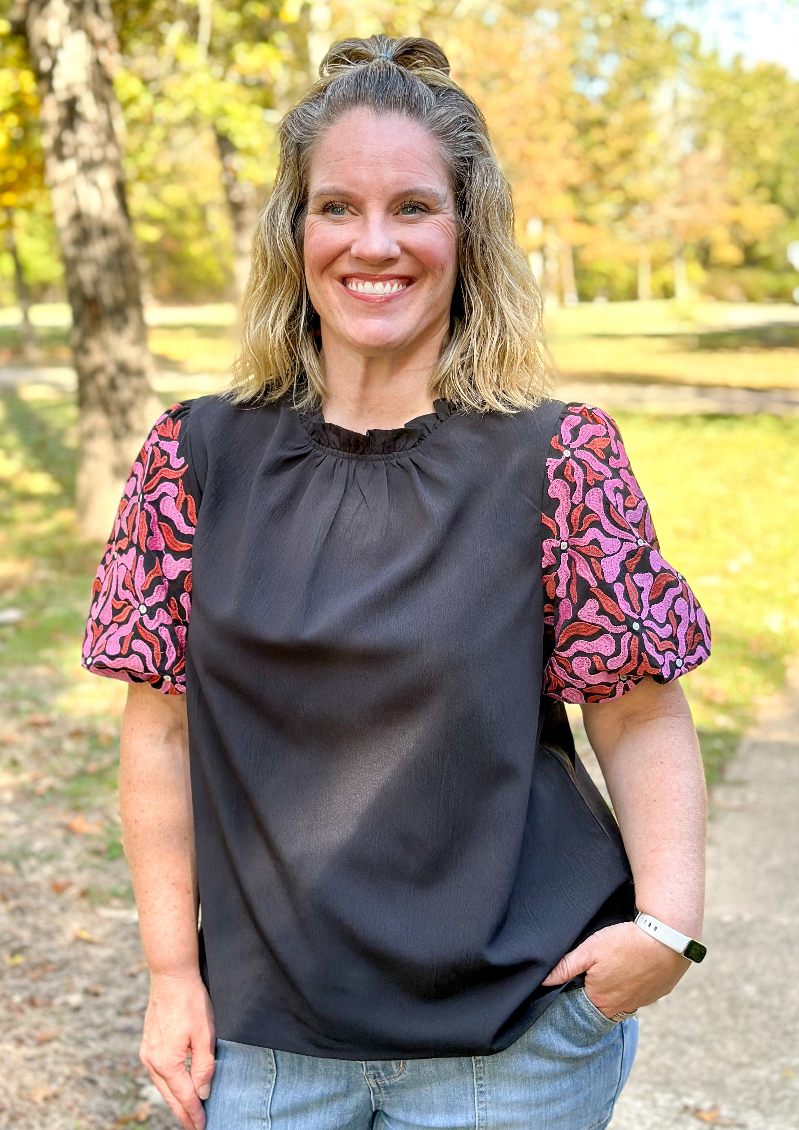 Black Embroidered Sleeve Top