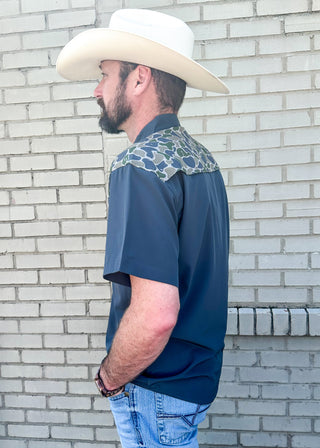 black performance button down short sleeve men's shirt with camo shoulder on front and back