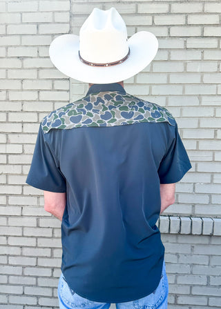 black performance button down short sleeve men's shirt with camo shoulder on front and back