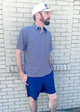 navy blue men's performance athletic shorts with double button and zipper closure - pockets - 7" inseam
