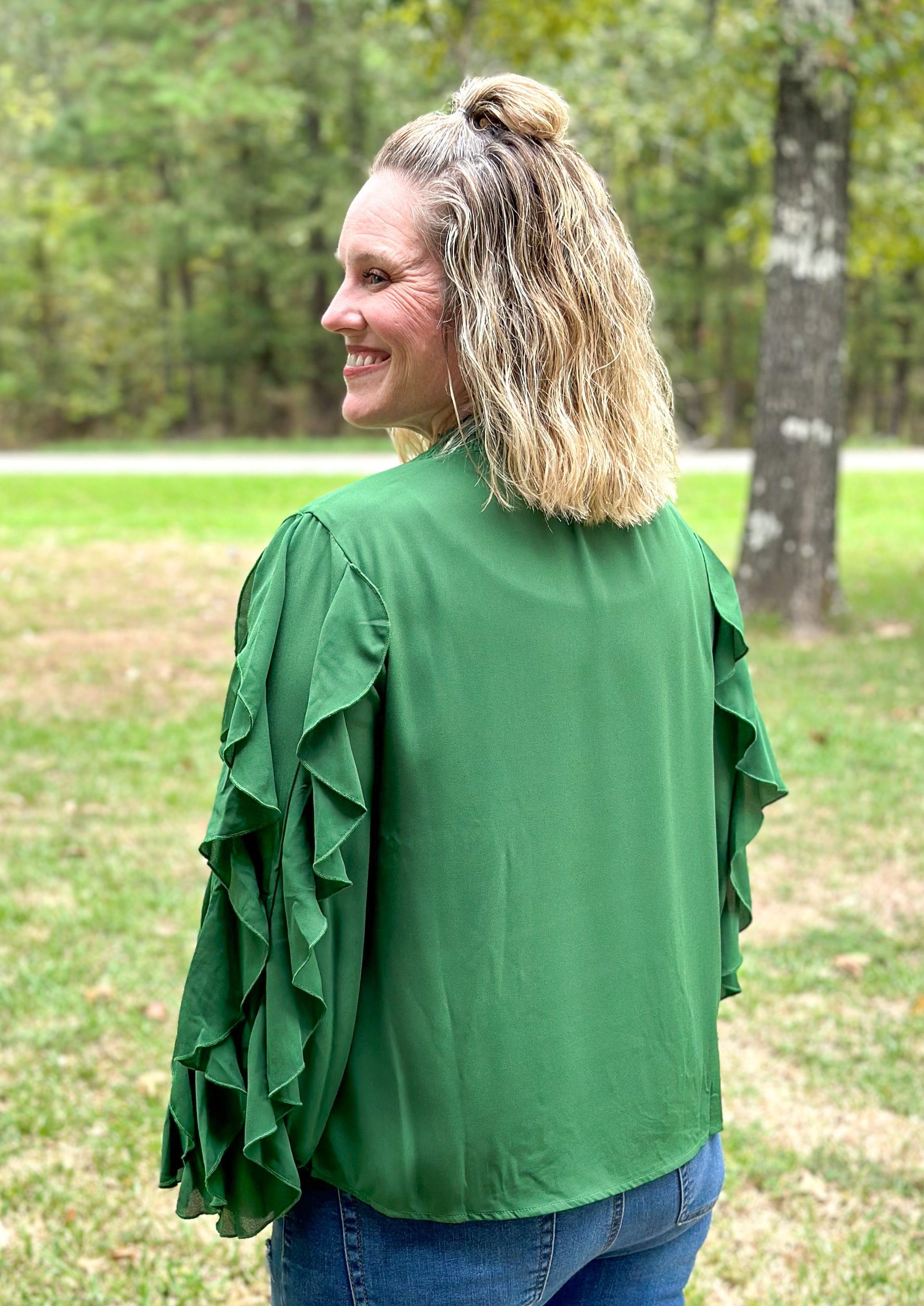 Ruffle Long Sleeve Top - Hunter Green