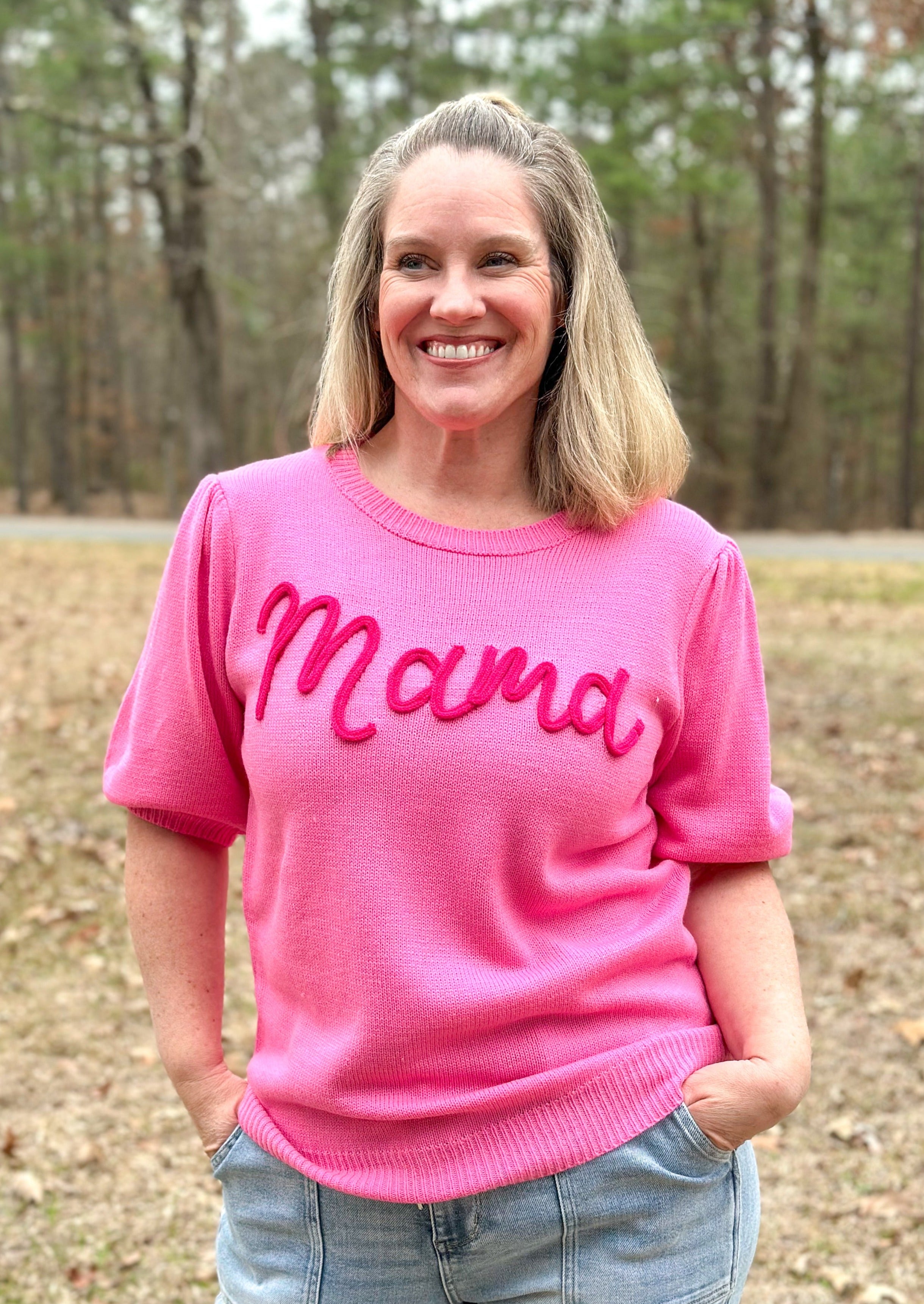 Short puff sleeve pink sweater with puff Mama across the front
