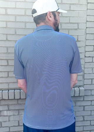 performance white and navy striped polo short sleeve shirt w/small embroidered duck on upper left chest