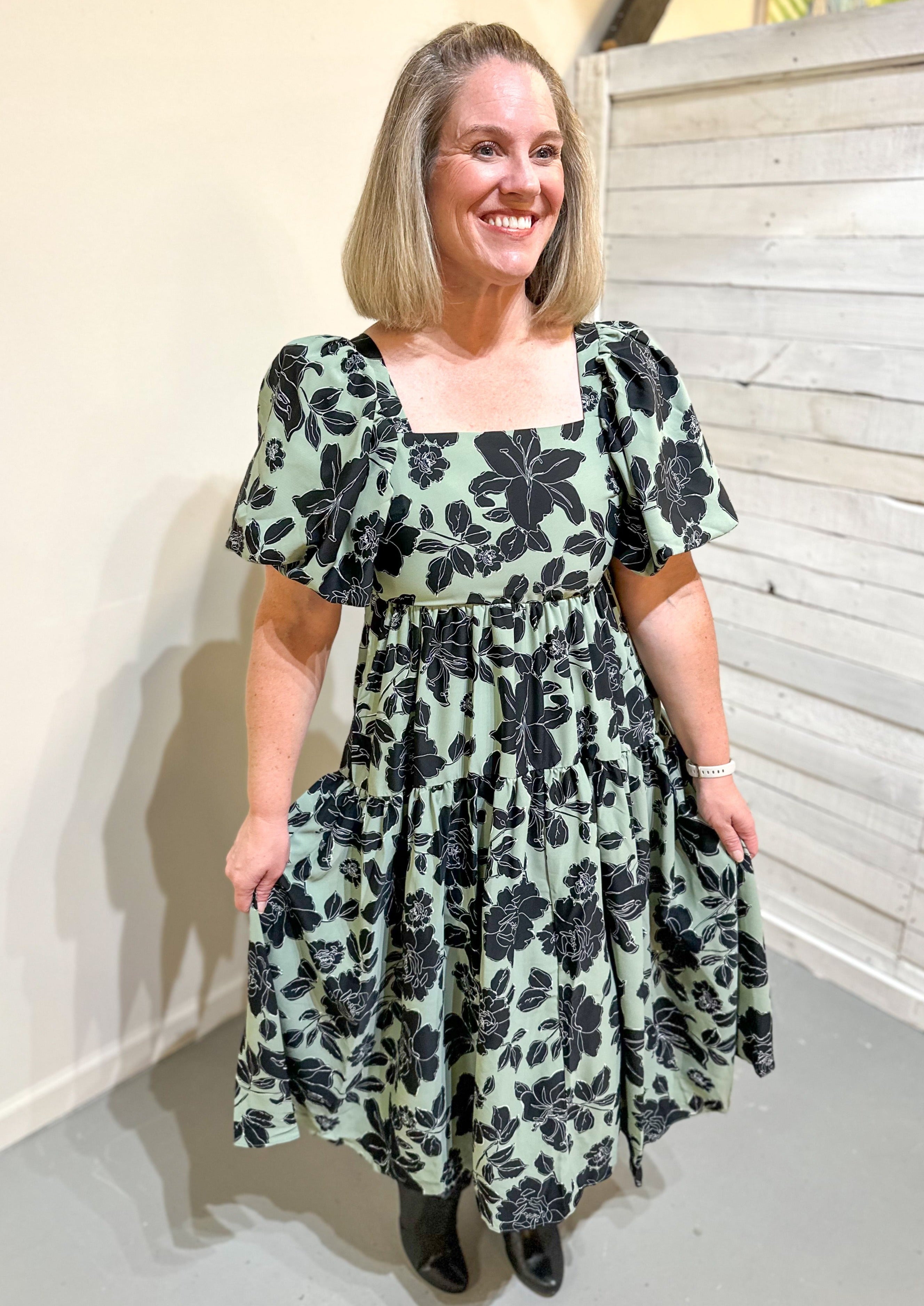 Sage & Black Floral Midi Dress