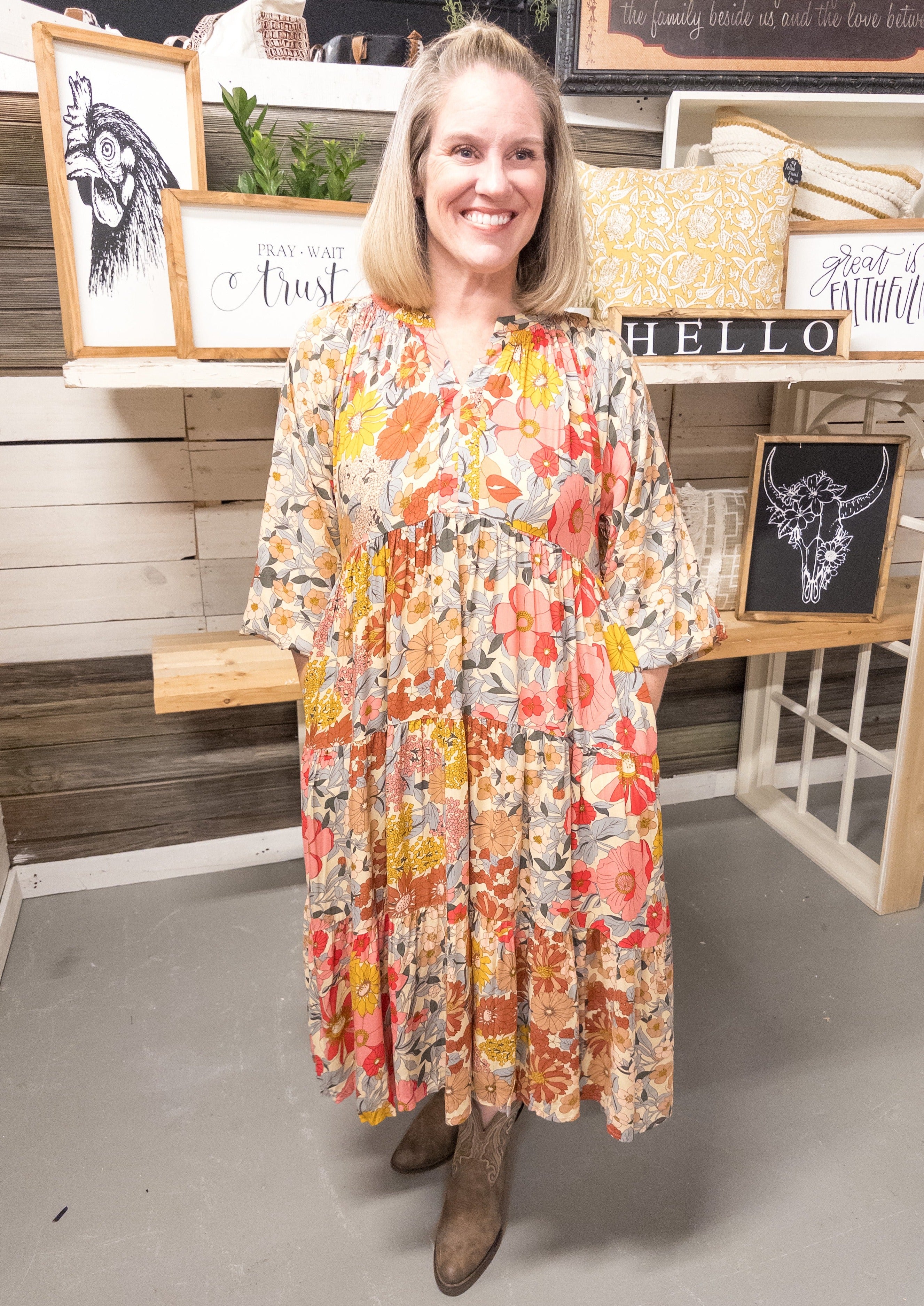 Pink and Green Floral Midi Dress