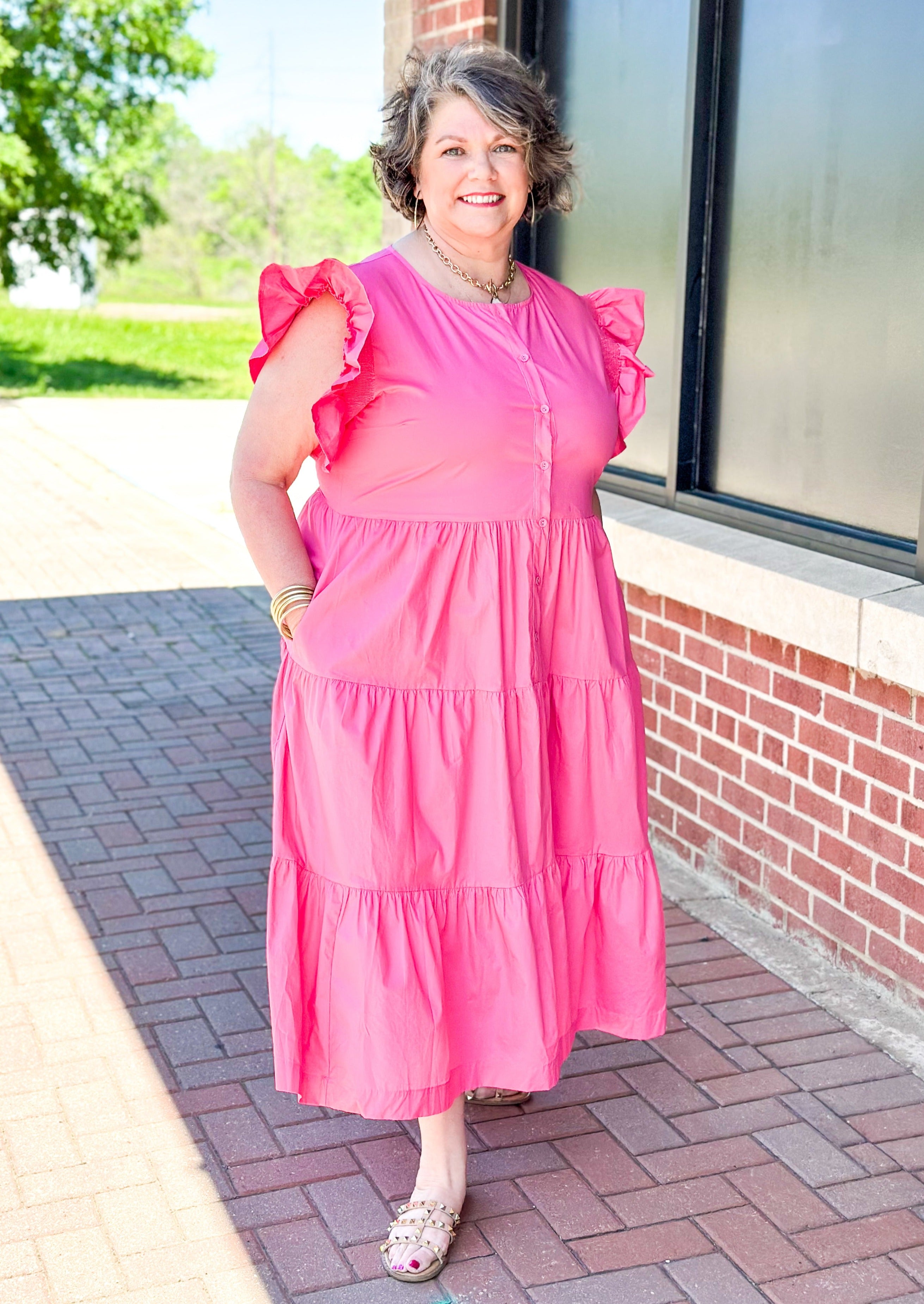Pink tiered midi dress -  ruffle sleeve - buttons down the front half way - pockets