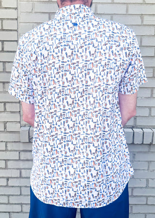 men's performance button up short sleeve shirt - crawfish, beer, tongs and other bbq pictures all over on a white background
