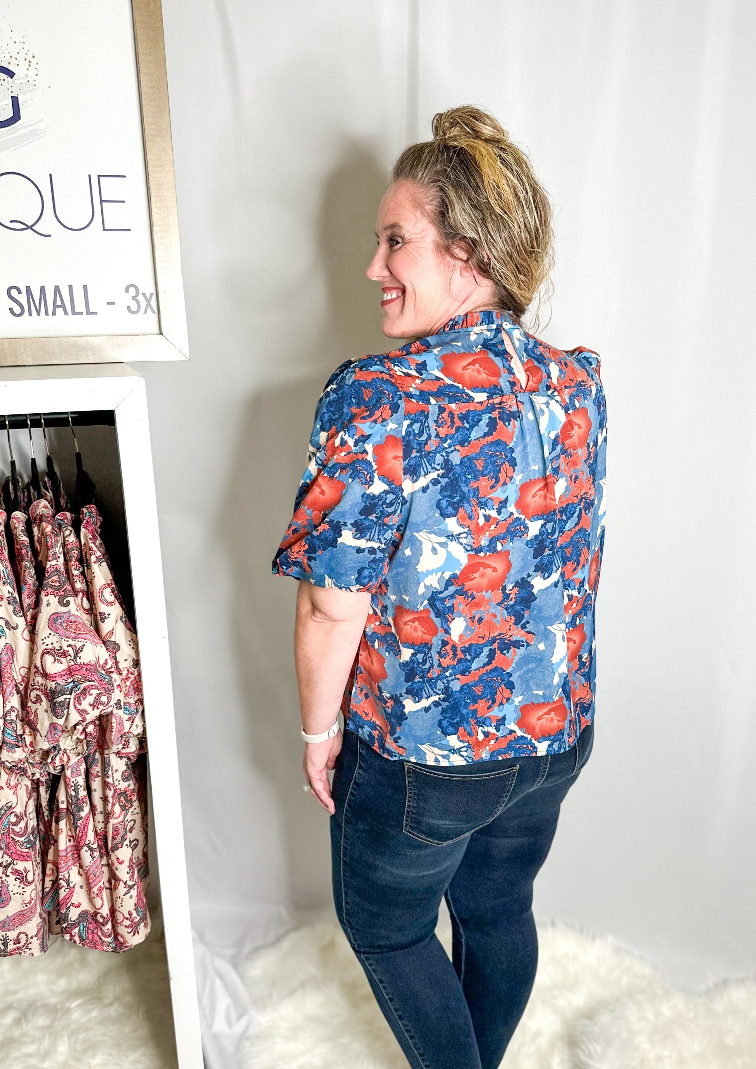 Back of Blue & Brown Puff Sleeve Blouse