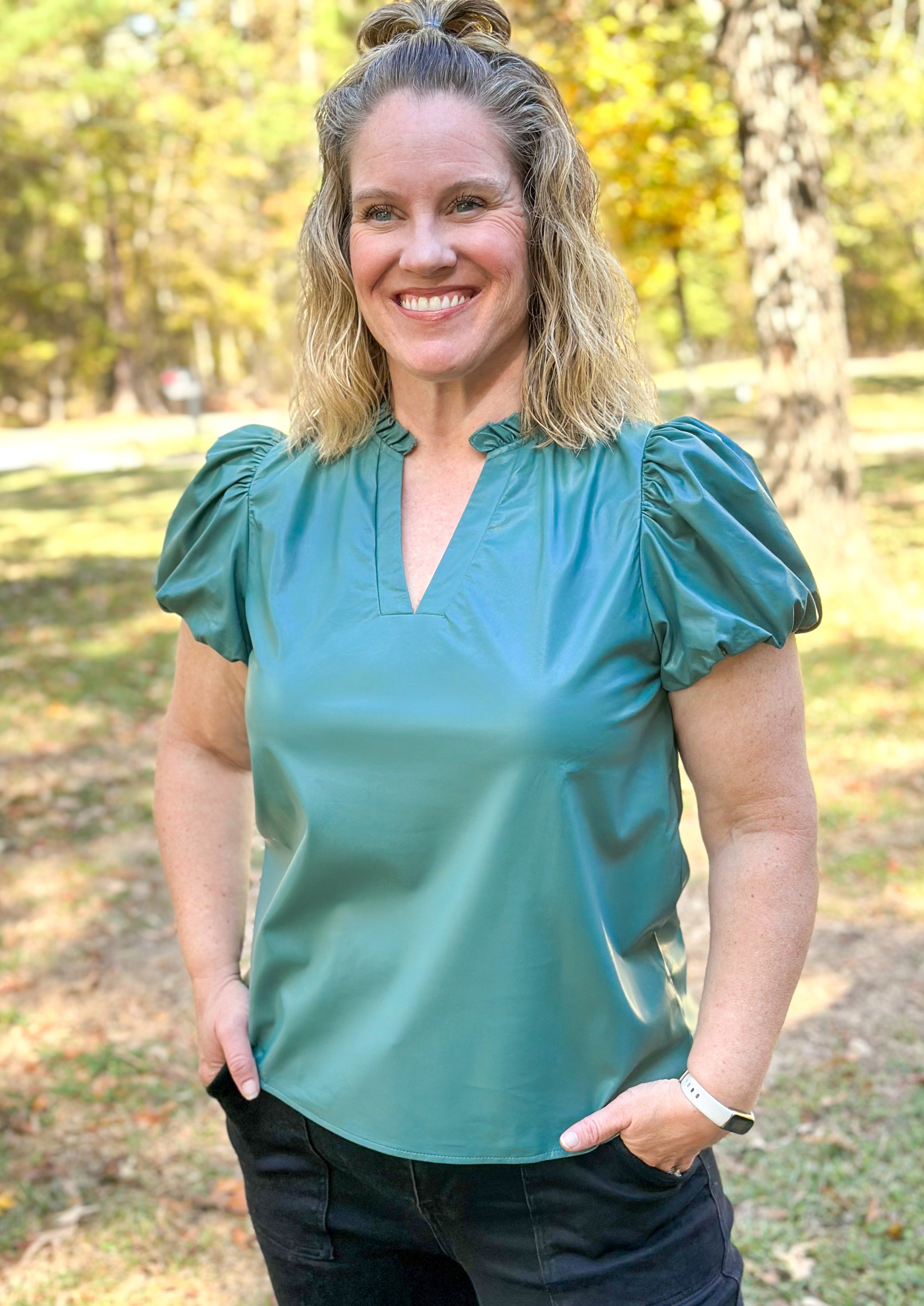 Faux Leather Ruffle Neck Top - Teal