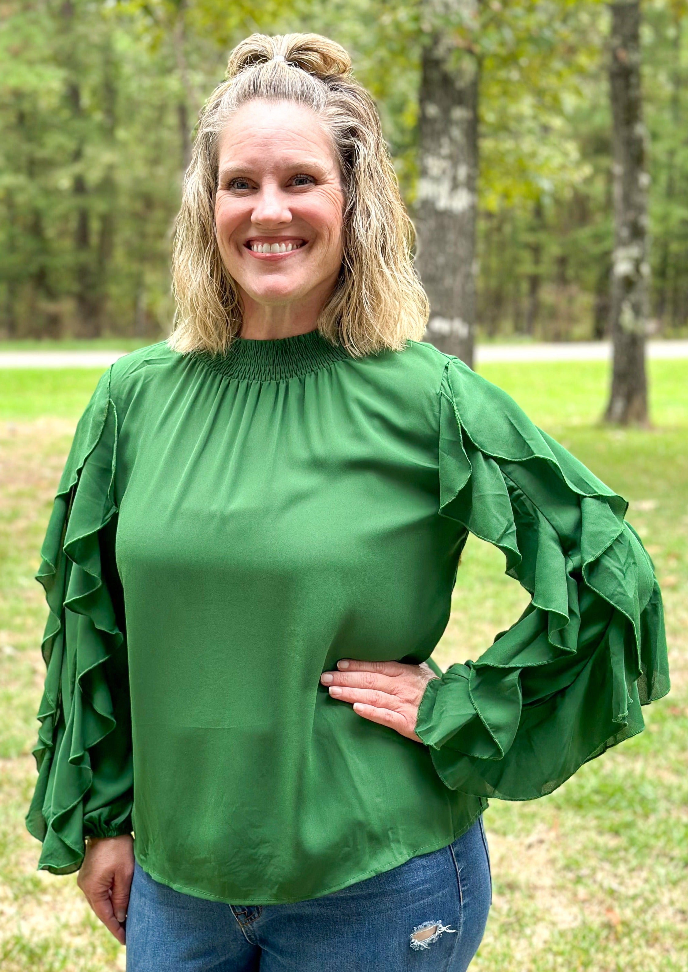 Ruffle Long Sleeve Top - Hunter Green