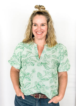 floral embroidered short puff sleeve top - v-neck -green