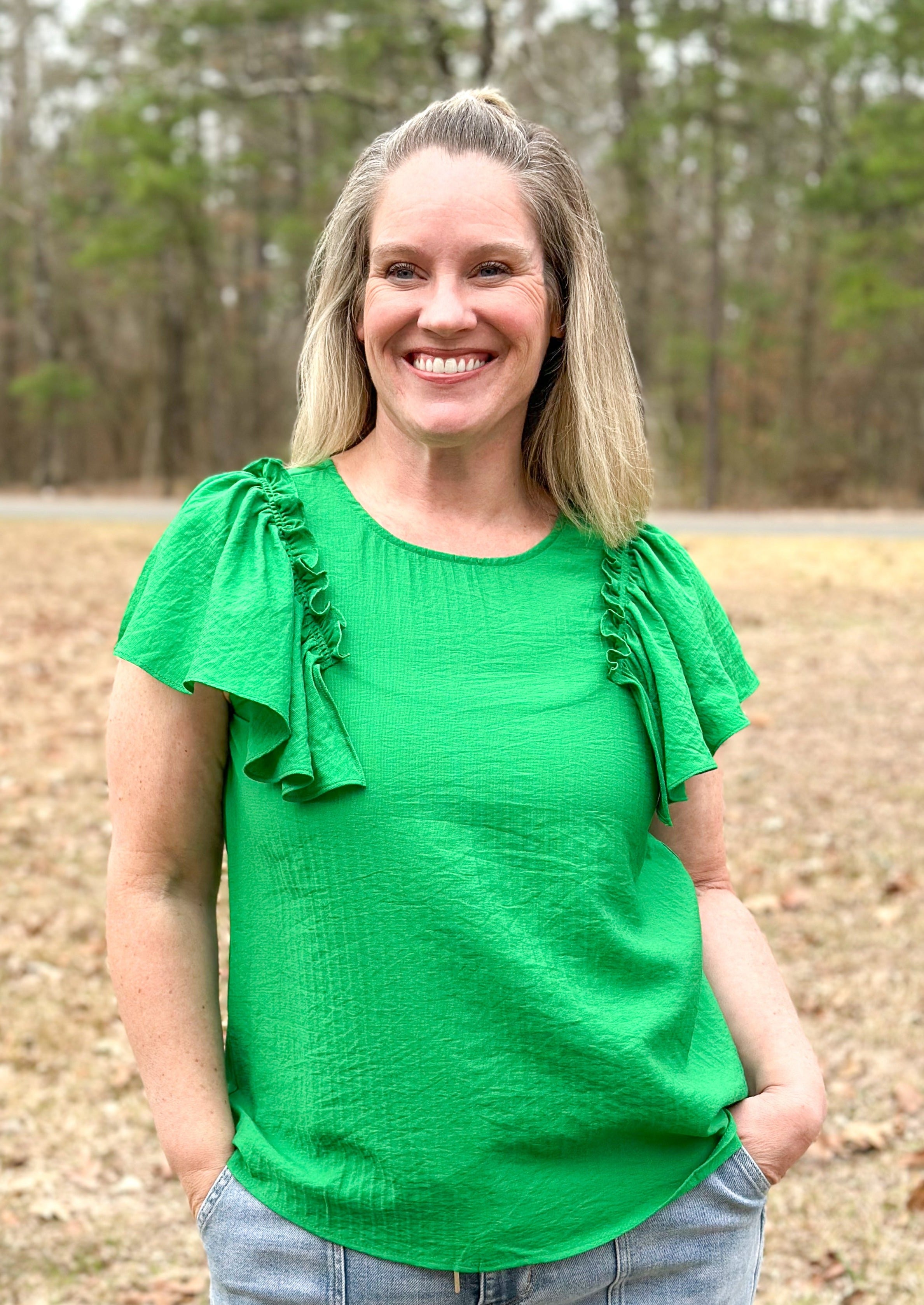 Kelly Green Short Ruffle sleeve top with ruffle shoulder back button keyhole closure