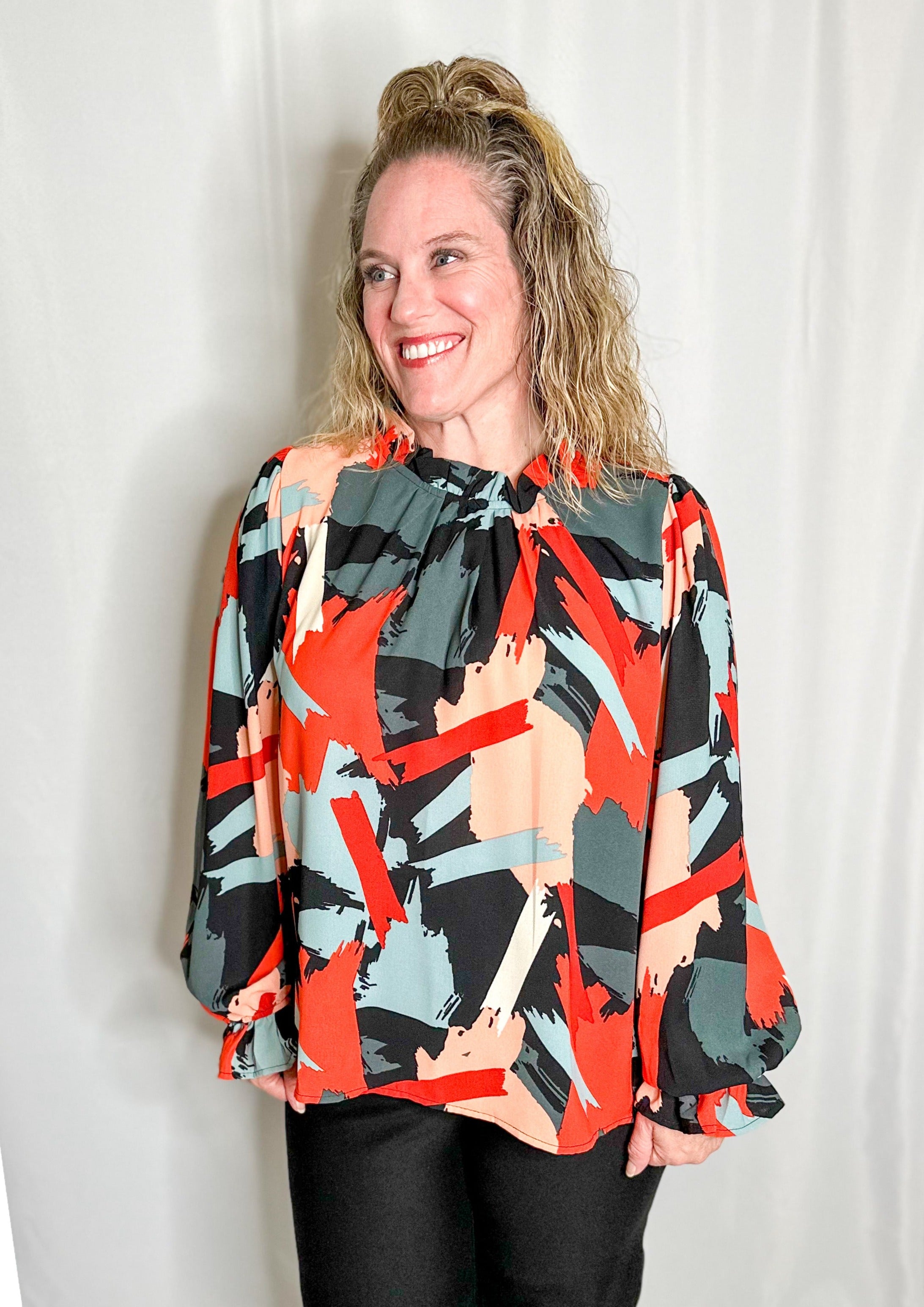 Long Sleeve Ruffle Neck Top