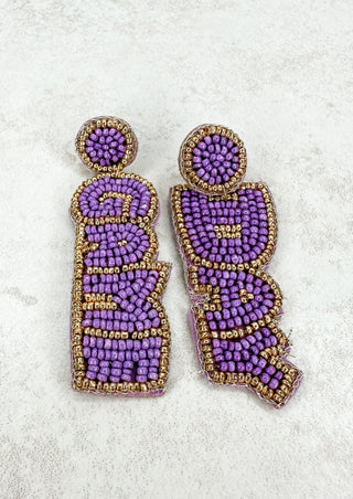 purple and gold seed bead post back earrings - 1 spells game the other spells day