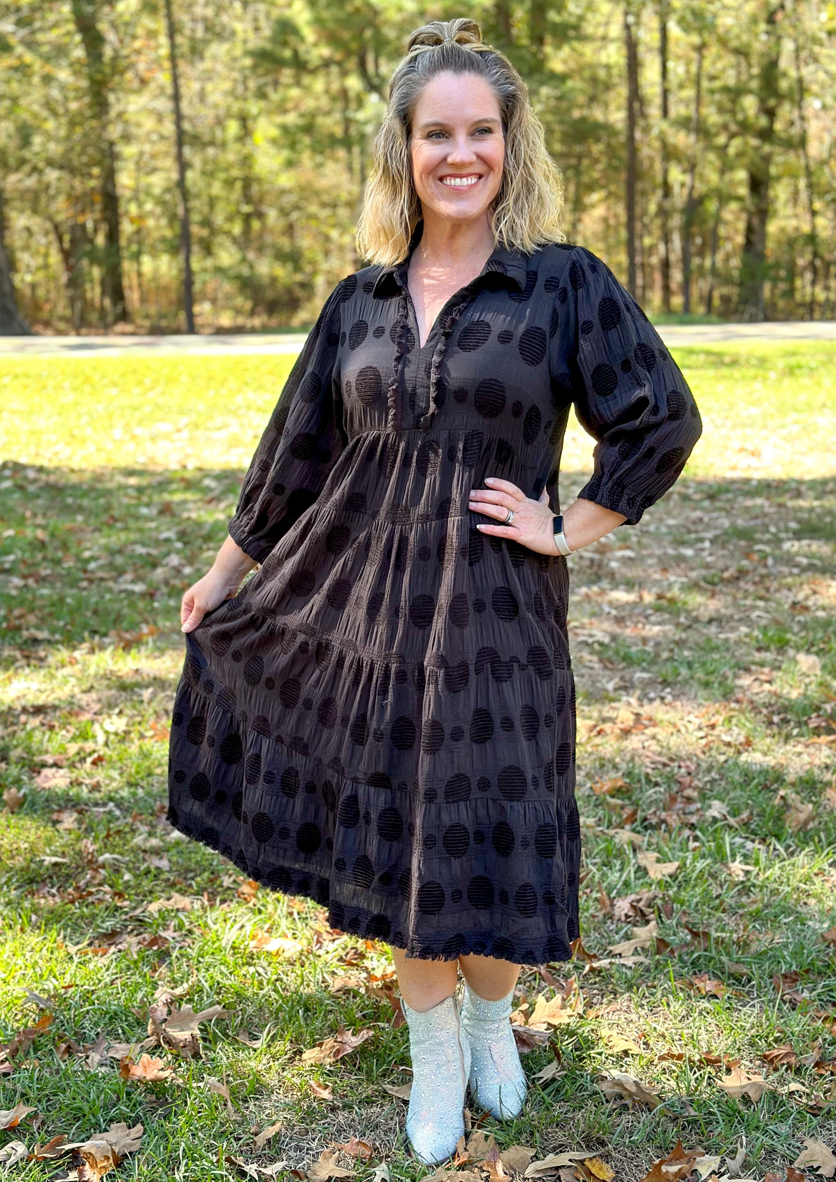 Long Sleeve Black Dot Midi Dress