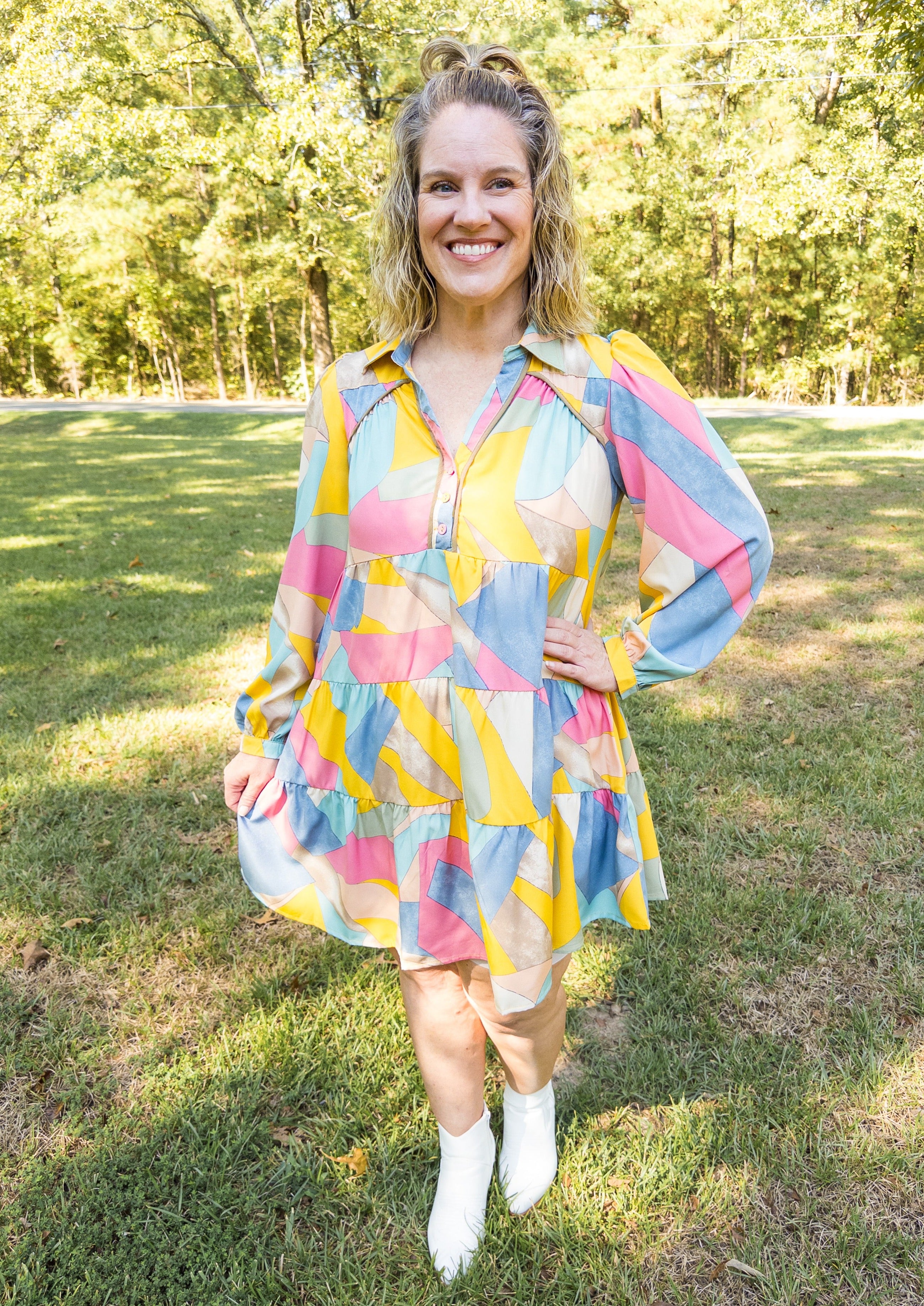 Multicolor Collared Geometric Long Sleeve Dress