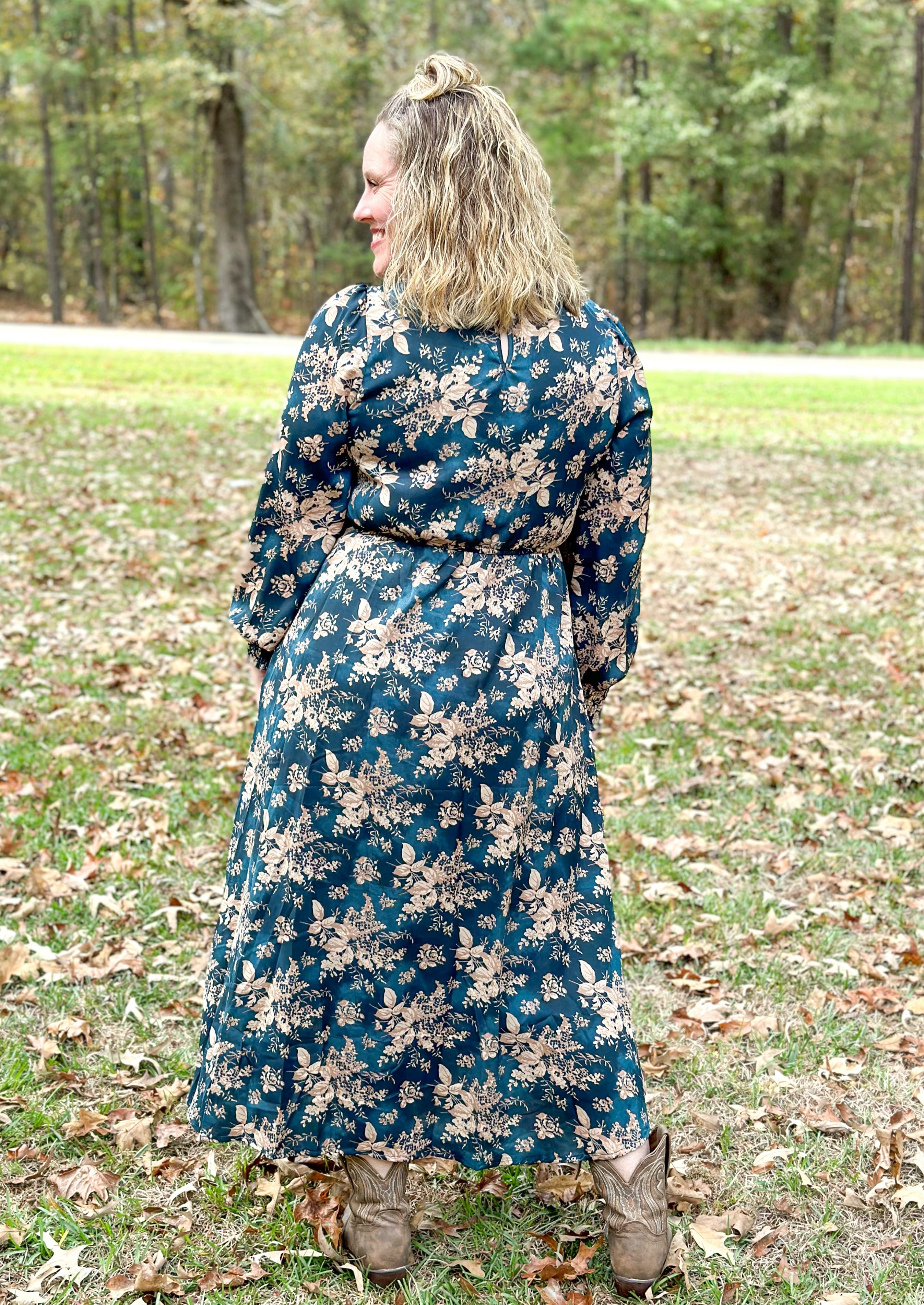 V-neck Floral Long Sleeve Floral Maxi Dress - Teal
