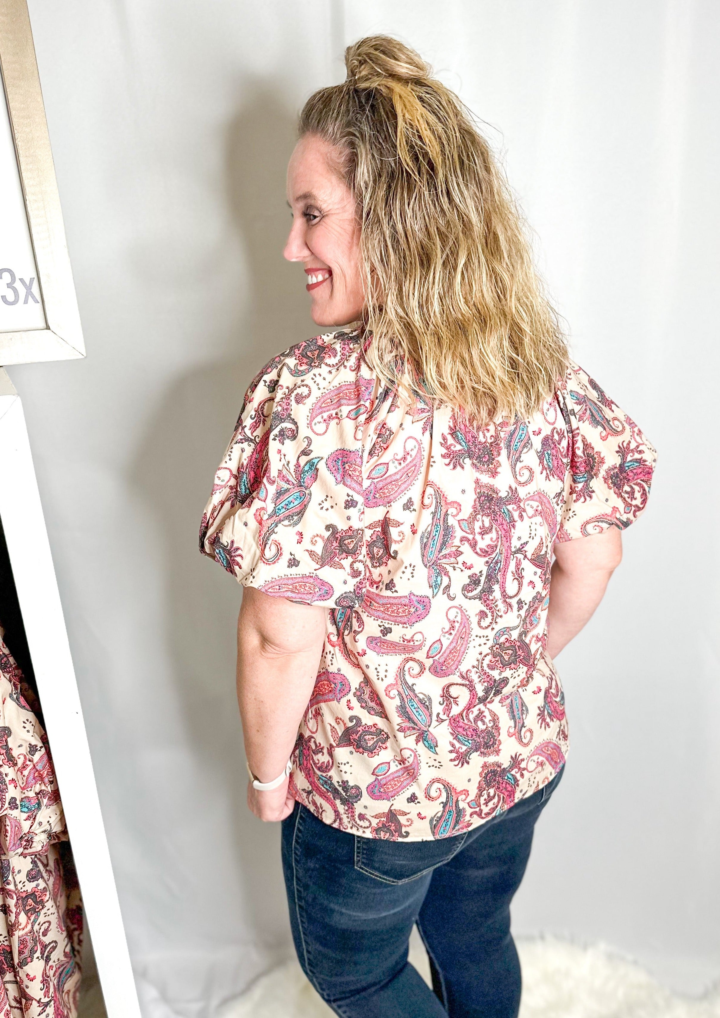 Back of Taupe Paisley Button Up Blouse