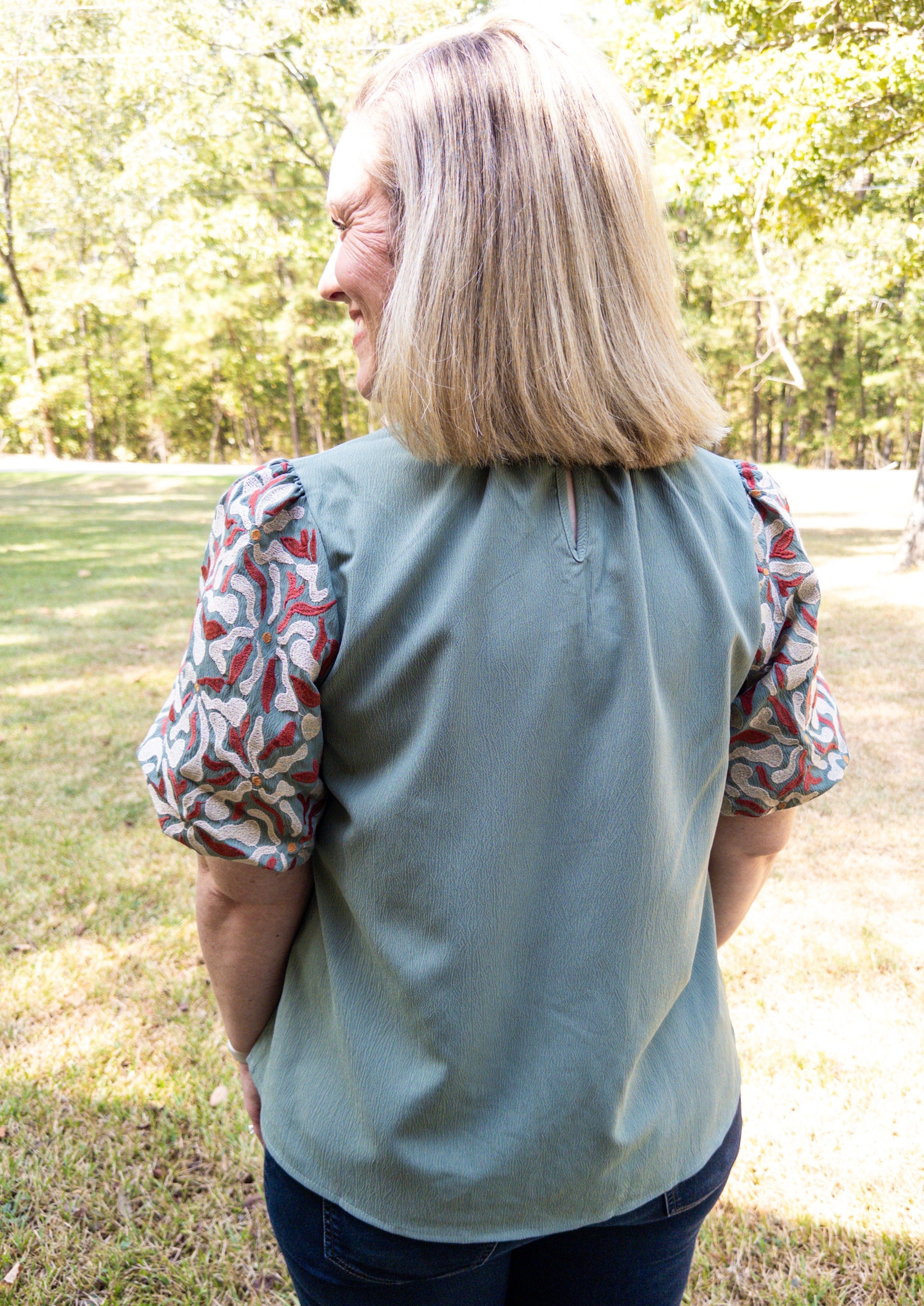 Sage Embroidered Sleeve Top