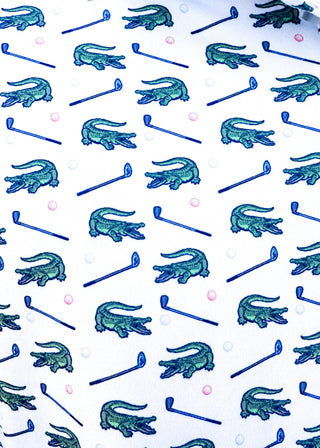 men's performance short sleeve polo with gators and golf club print on a white background