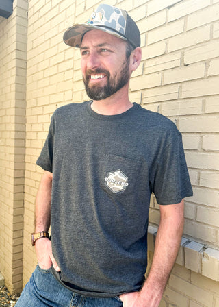 charcoal gray tee shirt for men with RAD DAD and Burlebo on the back graphic with camo - front pocket