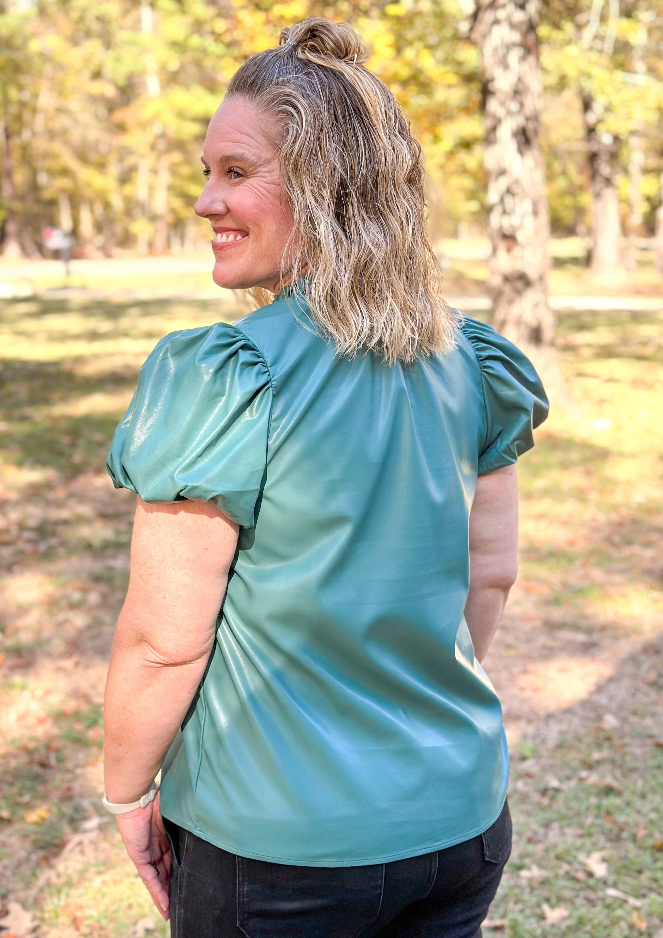Faux Leather Ruffle Neck Top - Teal