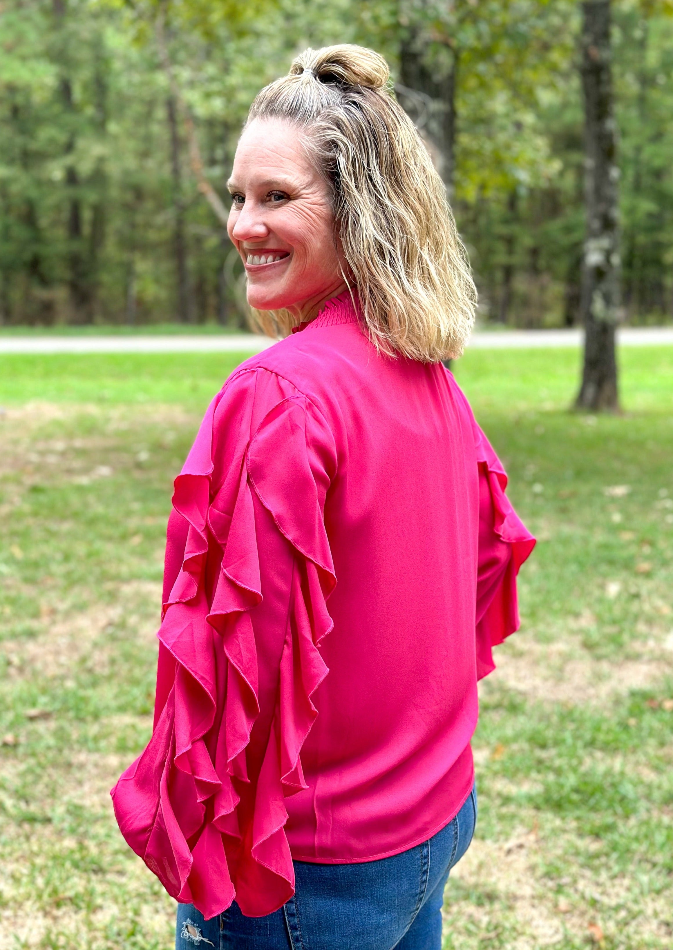 Ruffle Long Sleeve Top - Fuchsia