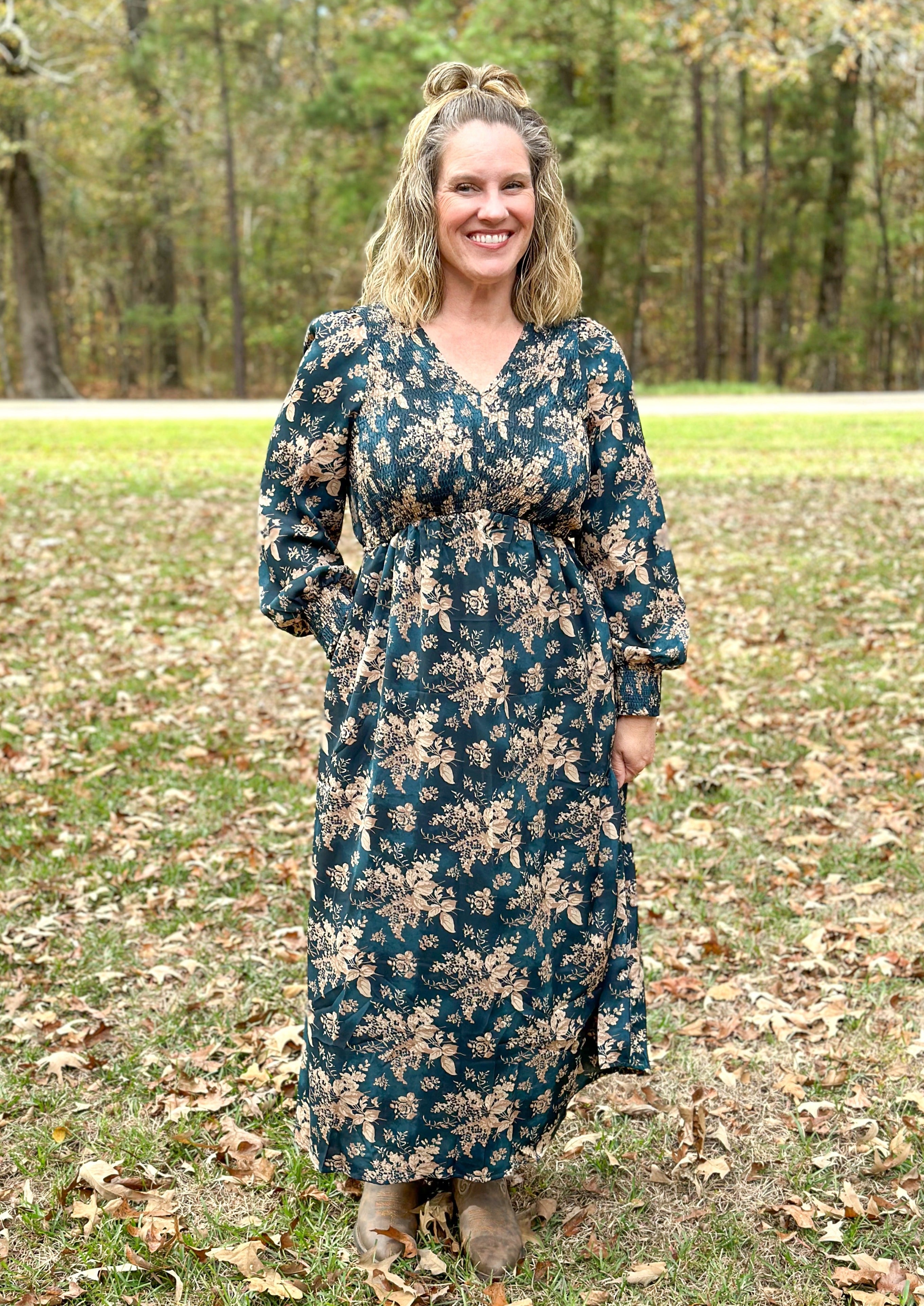 V-neck Floral Long Sleeve Floral Maxi Dress - Teal