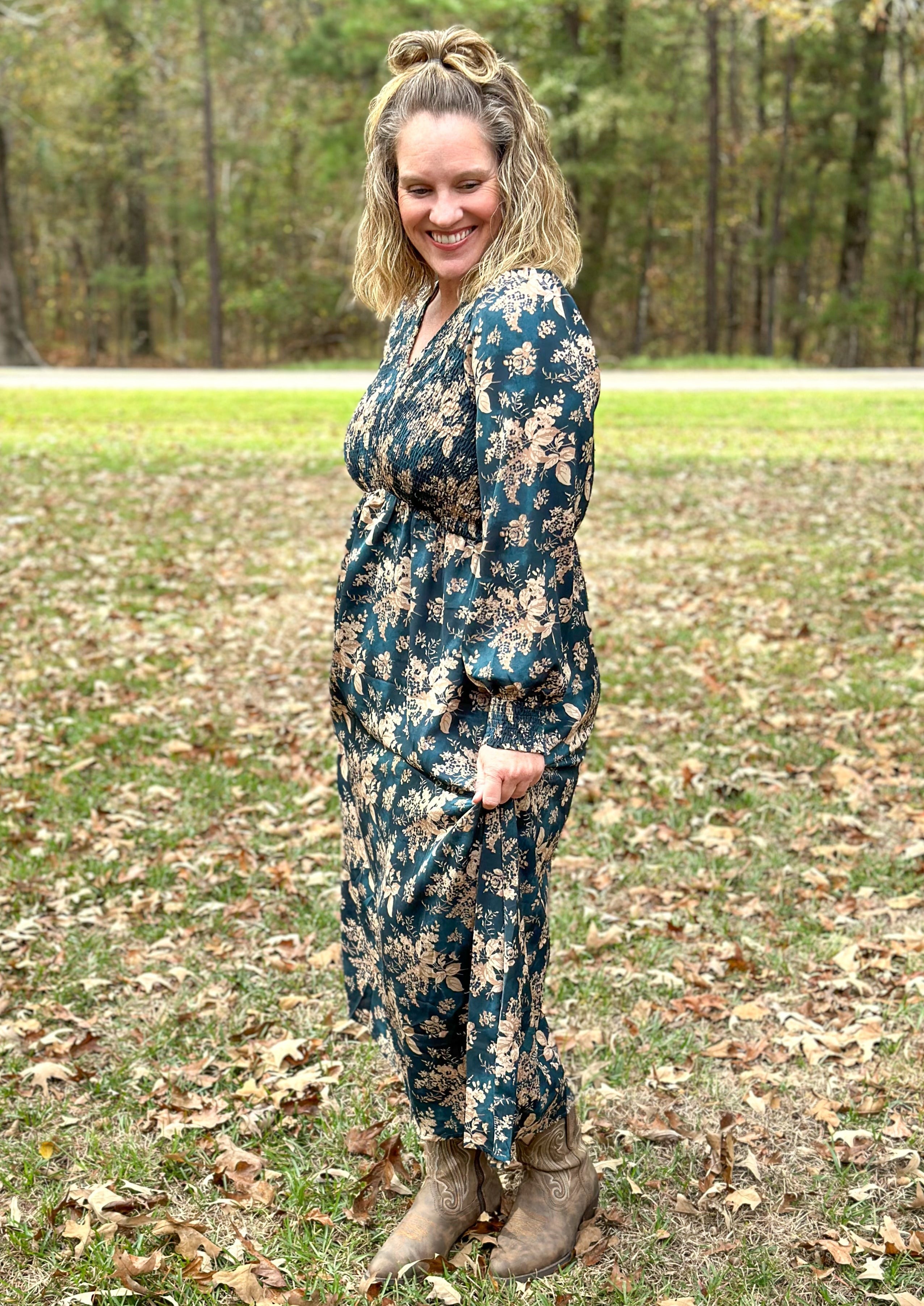 V-neck Floral Long Sleeve Floral Maxi Dress - Teal