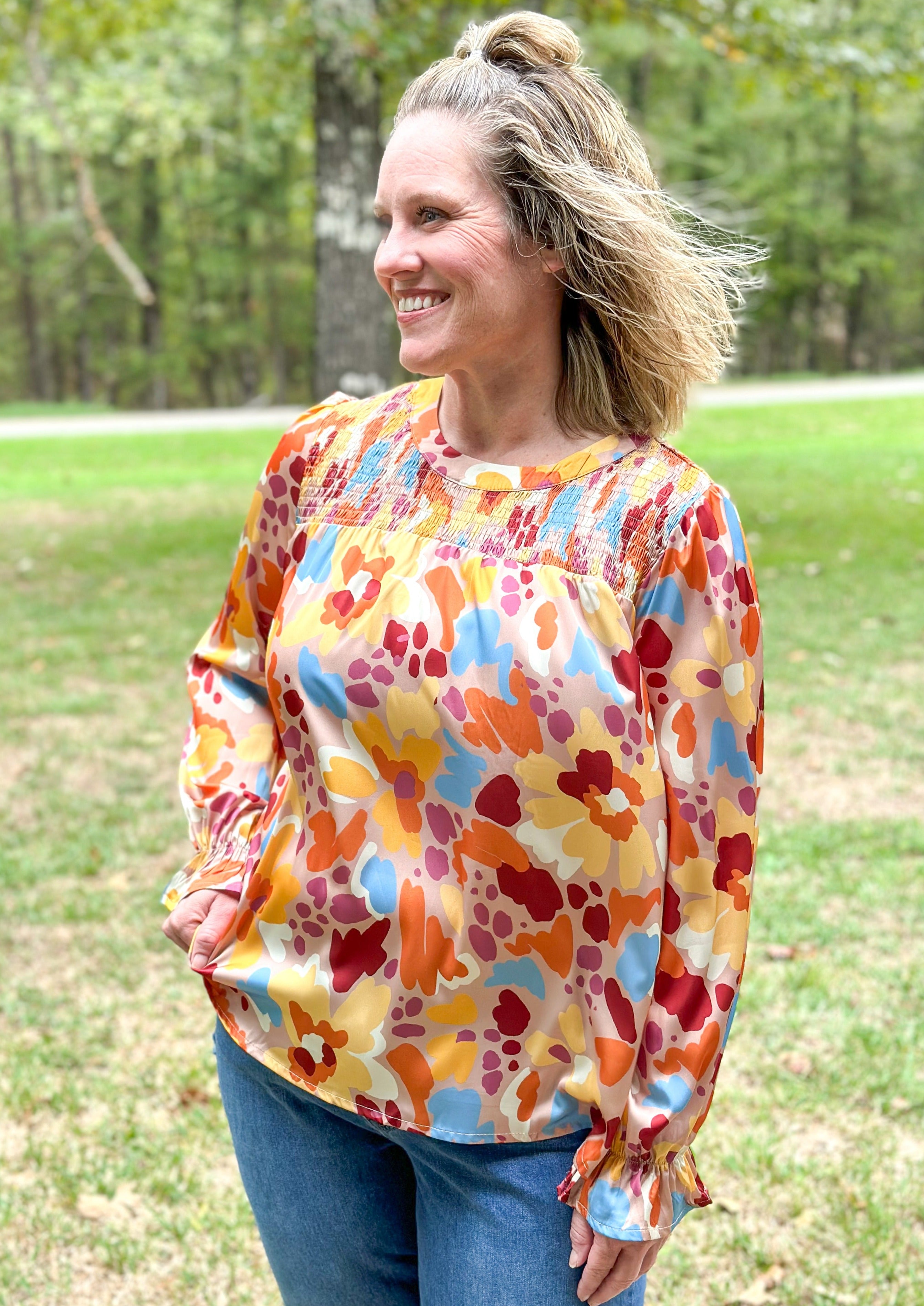 Satin Floral Long Sleeve Top