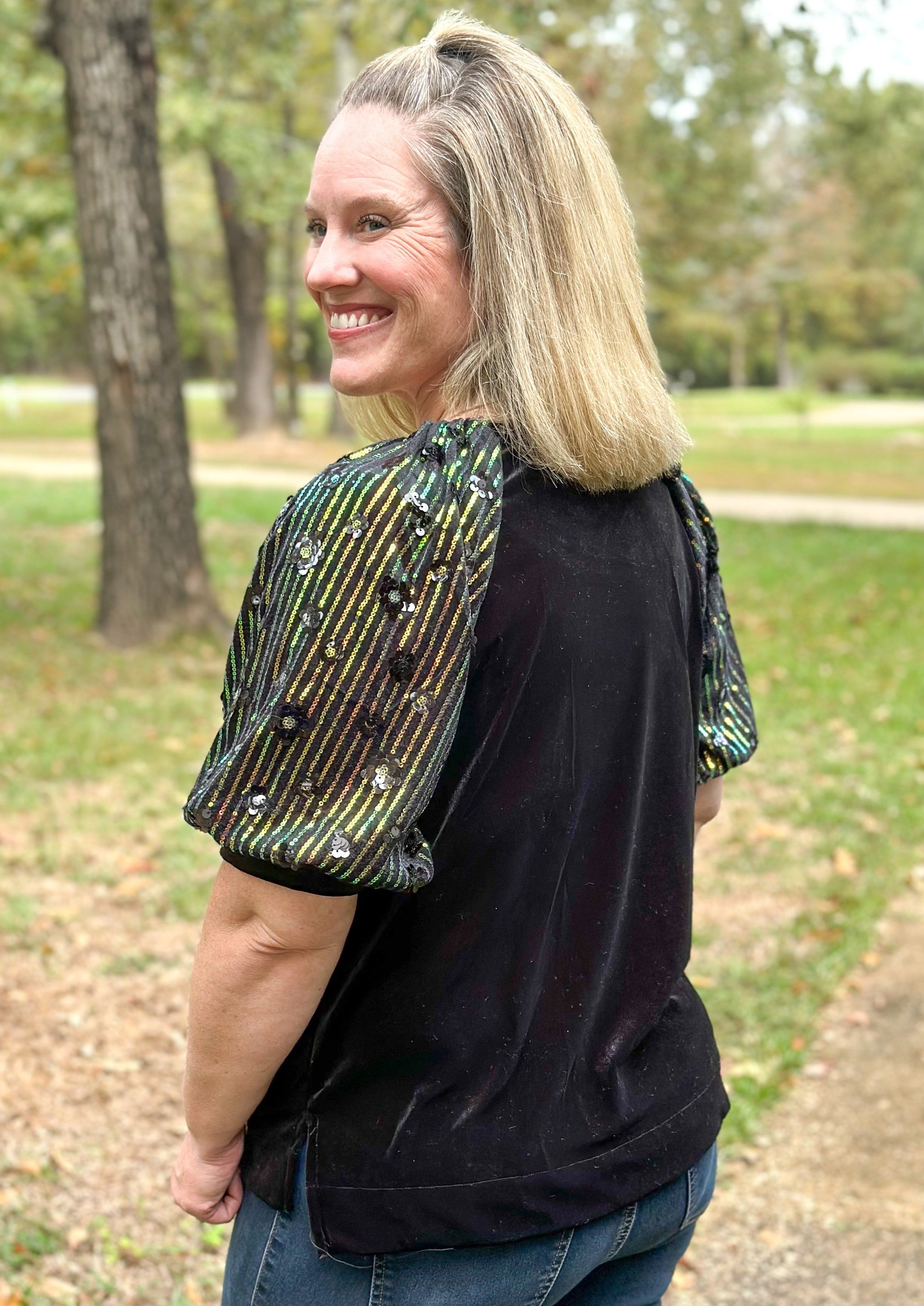 Black Velvet w/Sequin Sleeve Top
