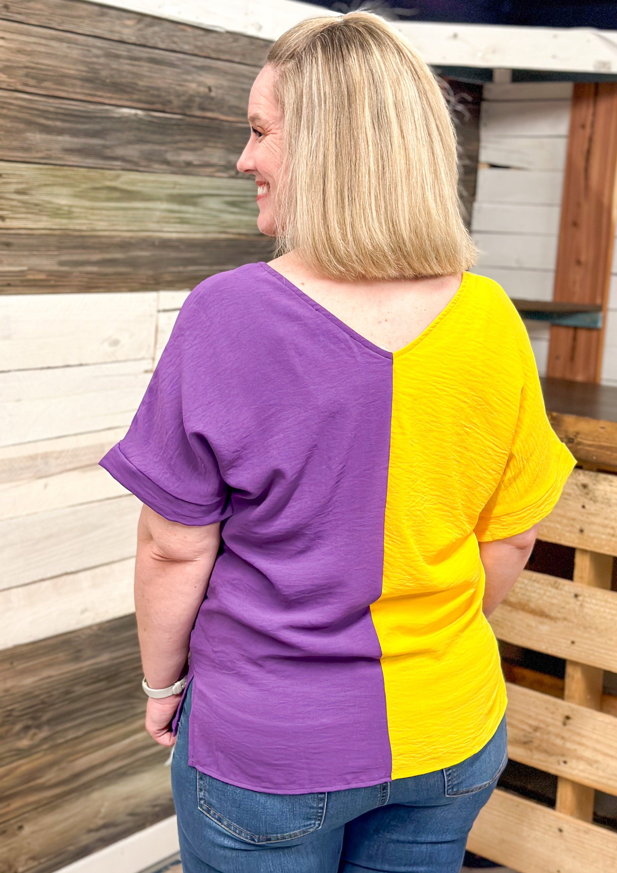 Purple & Yellow Color Block V-Neck Top