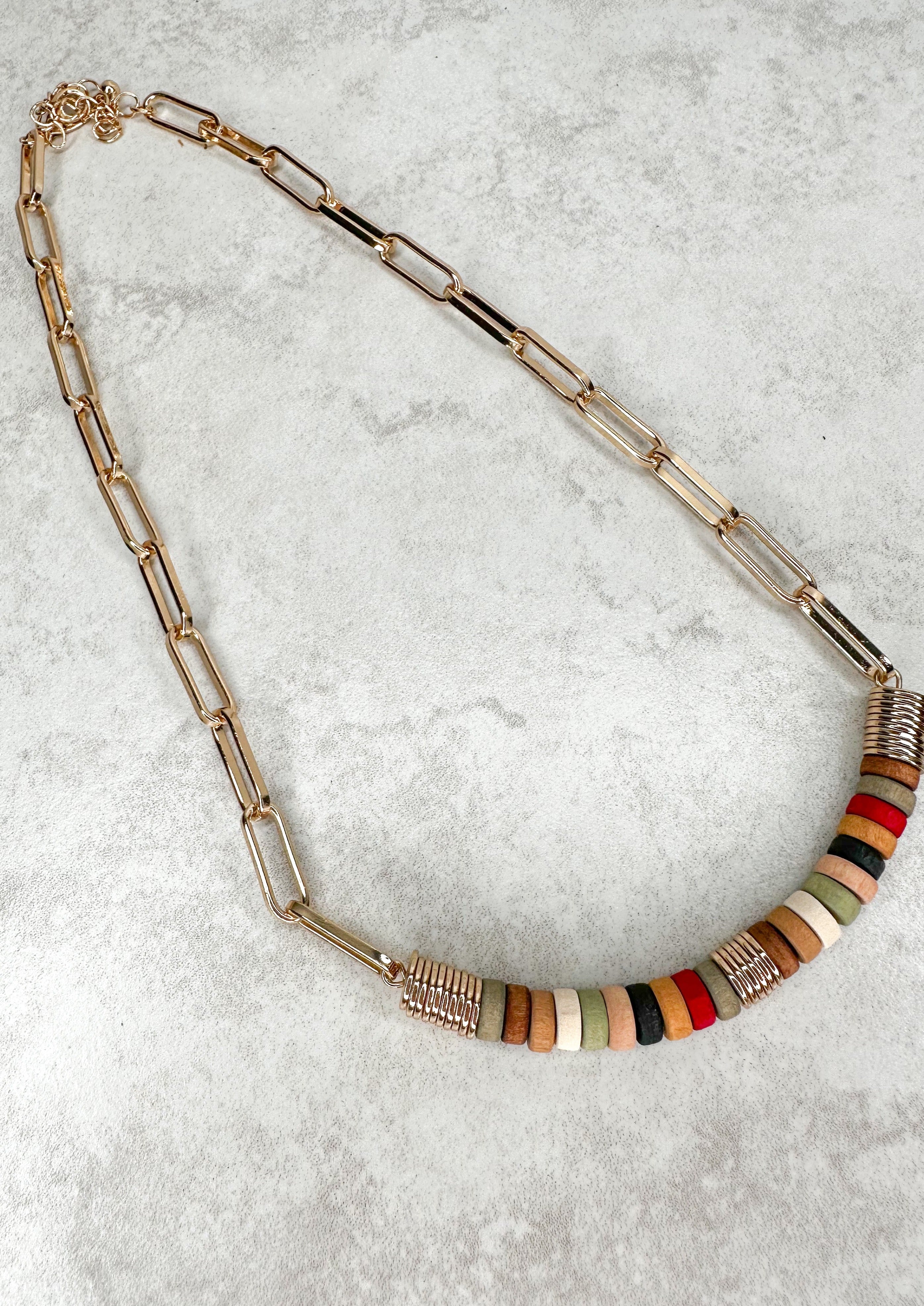 Wooden Bead Gold Chain Necklace