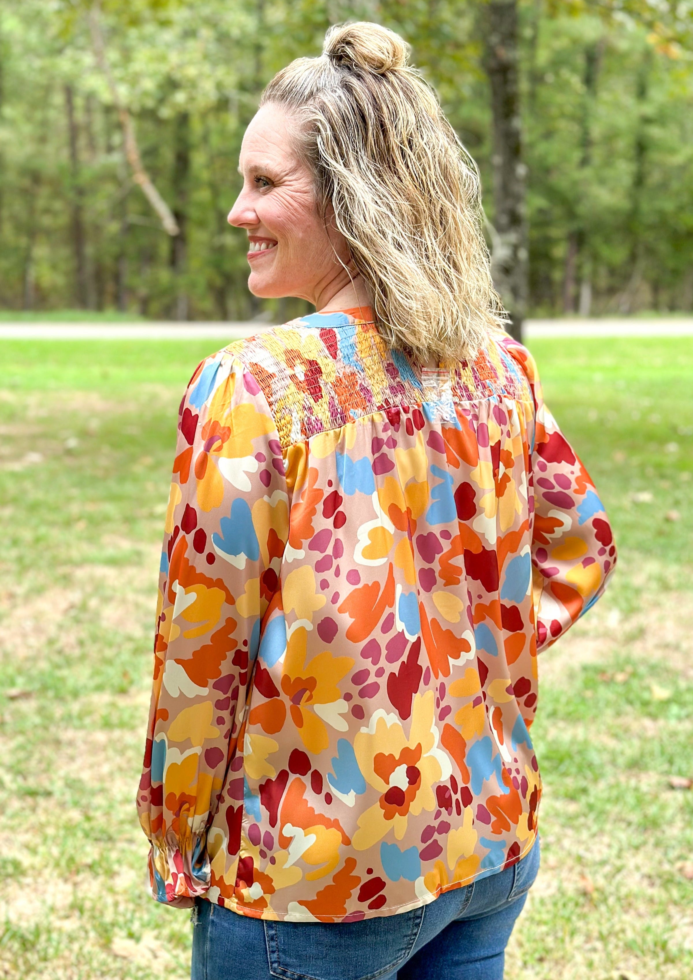 Satin Floral Long Sleeve Top