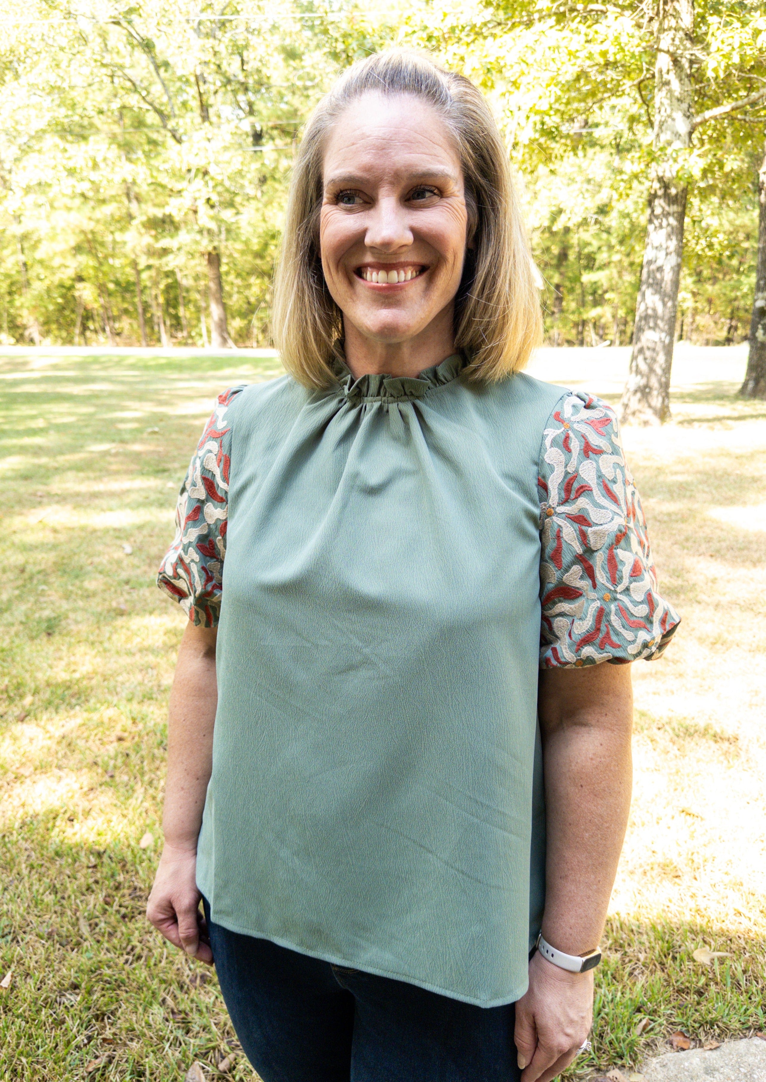 Sage Embroidered Sleeve Top