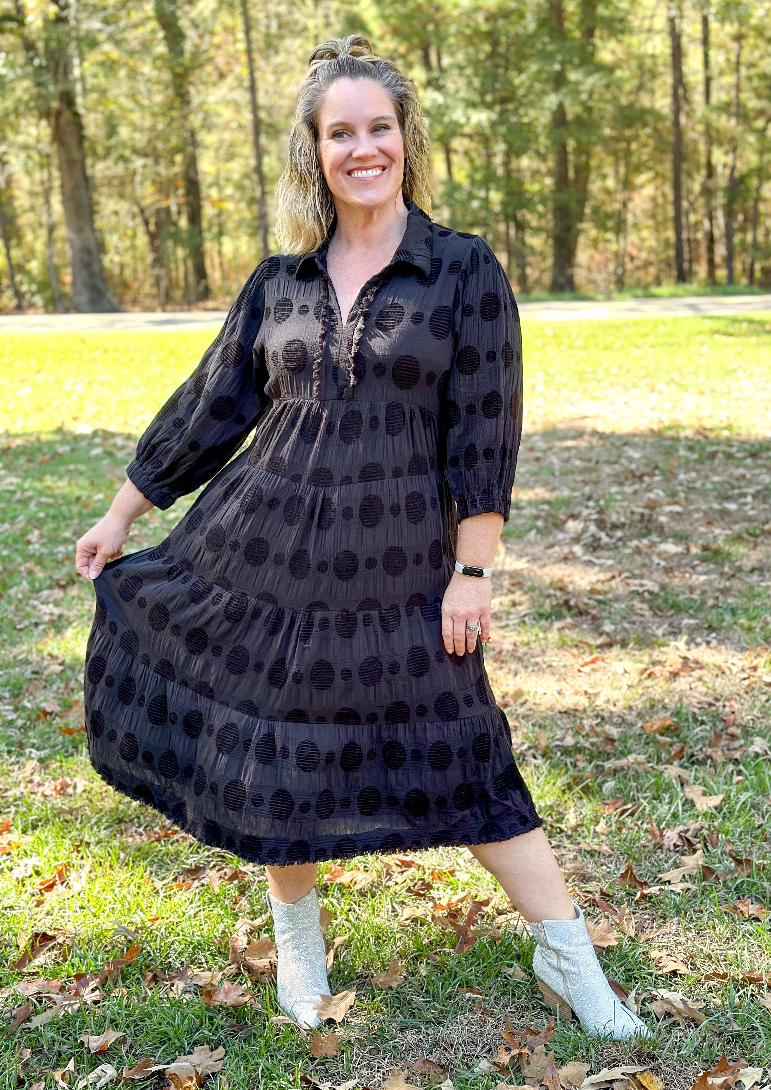 Long Sleeve Black Dot Midi Dress