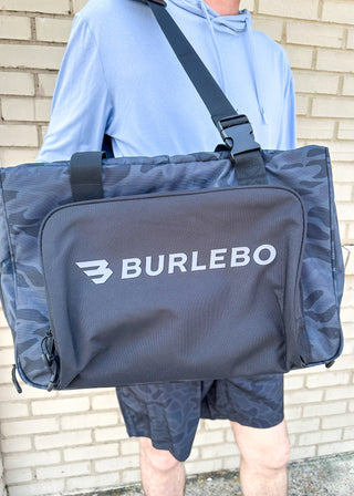 black camo cooler bag with front and side pockets - detachable strap and 2 handles