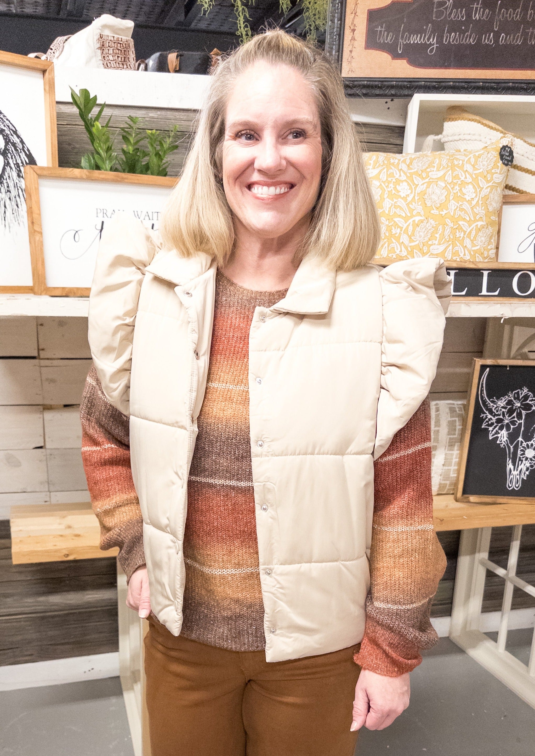 Ruffle Sleeve Puffer Vest - Sand