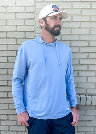 men's performance hoodie with tie neck for hood - long sleeve - light blue
