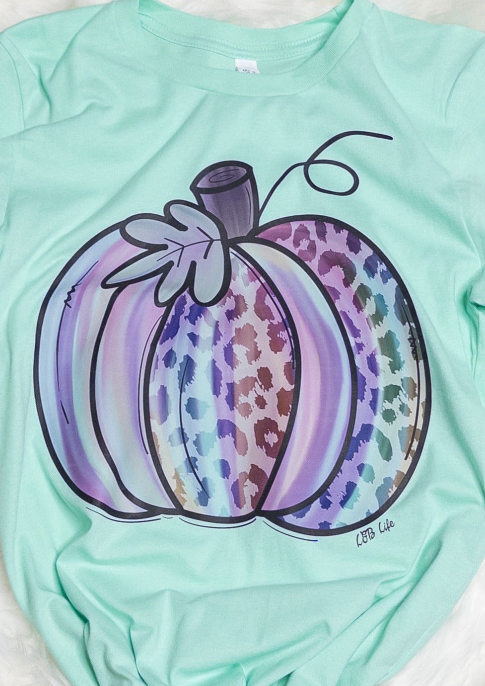 A mint colored tee shirt with a pumpkin. Pumpkin has some leopard print detailing and is light water color design with blues, purples, and pinks