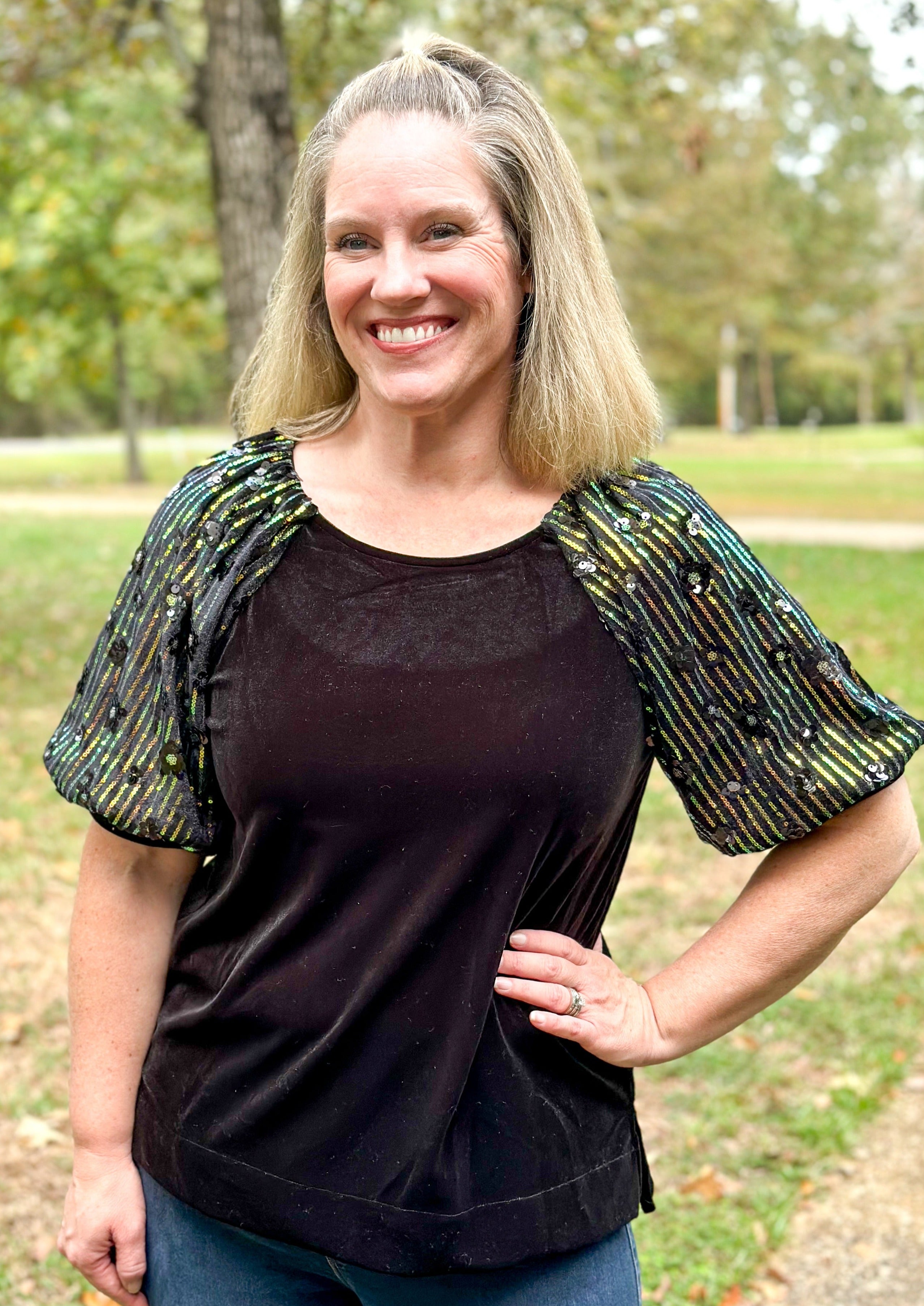 Black Velvet w/Sequin Sleeve Top