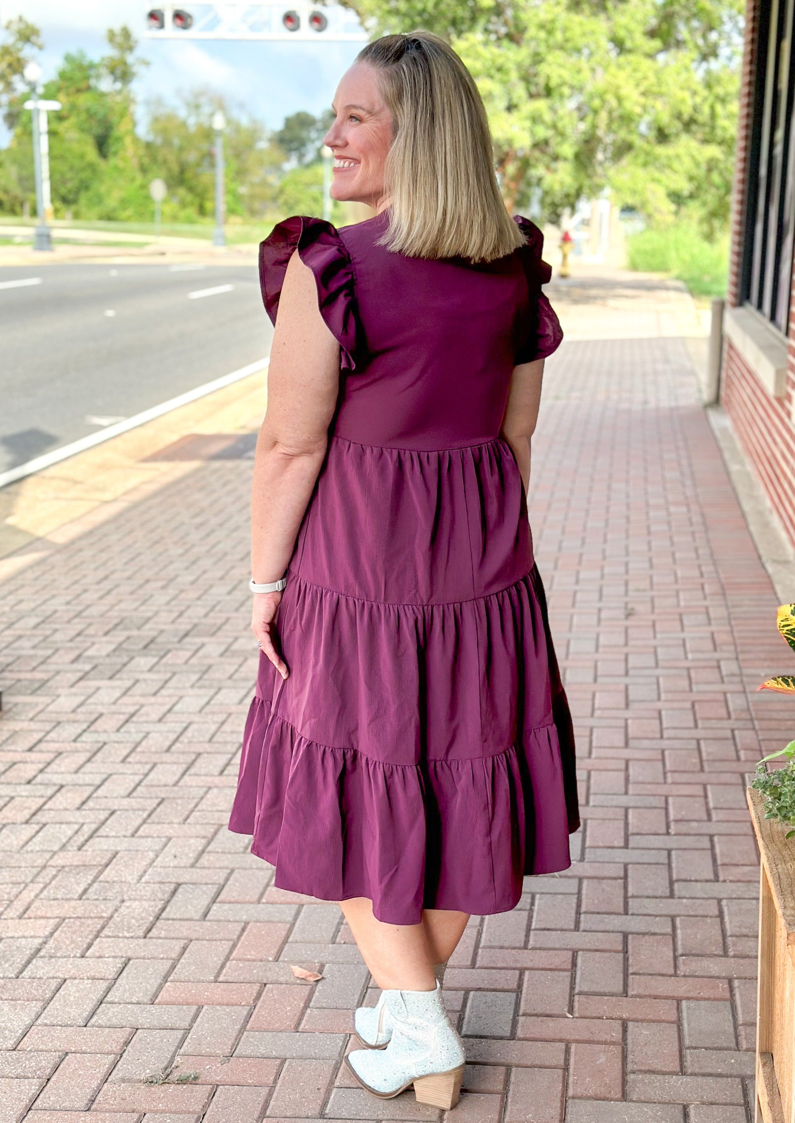 Tiered Midi Dress w/Pockets - Eggplant