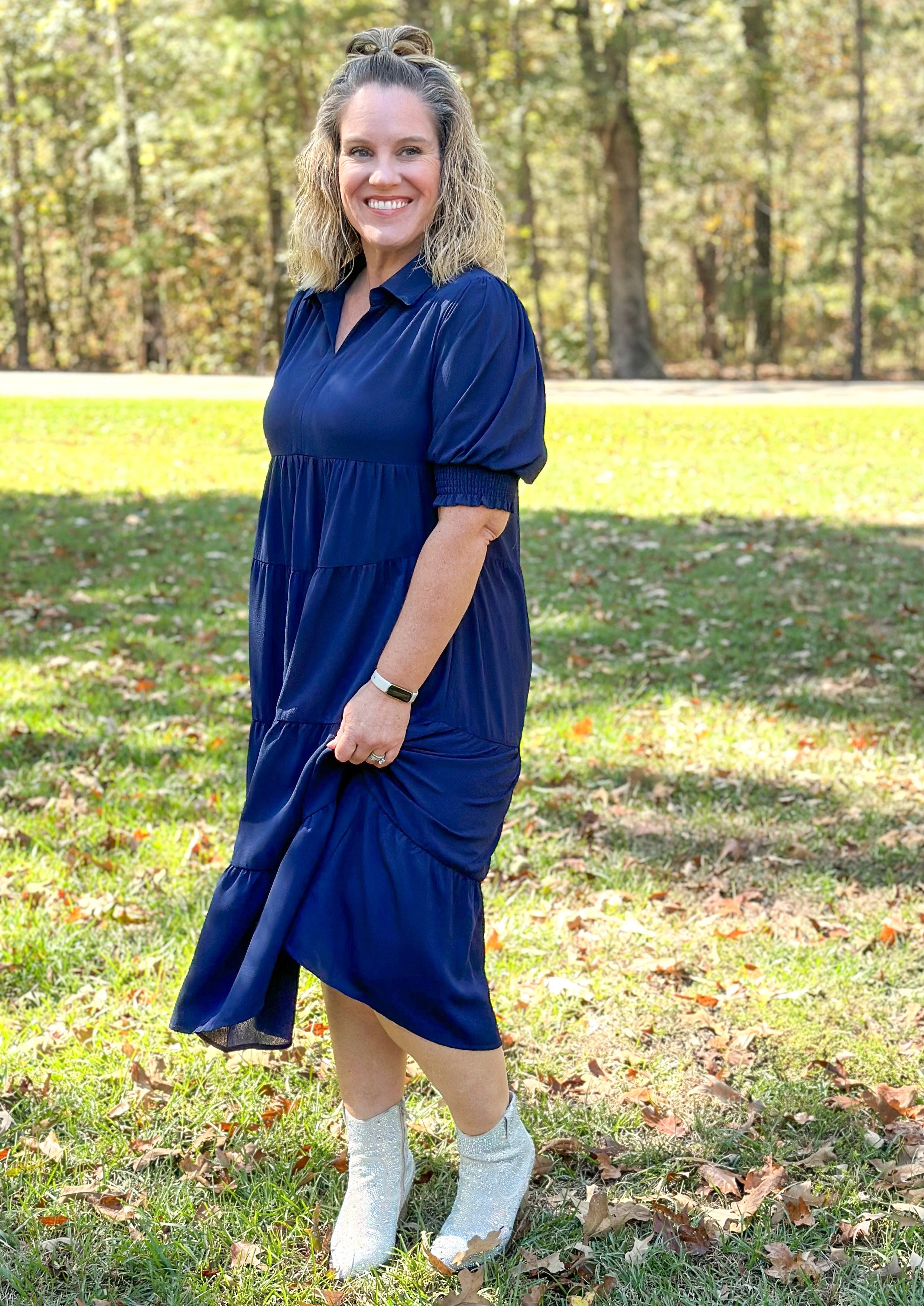 Short Sleeve Navy Midi Dress
